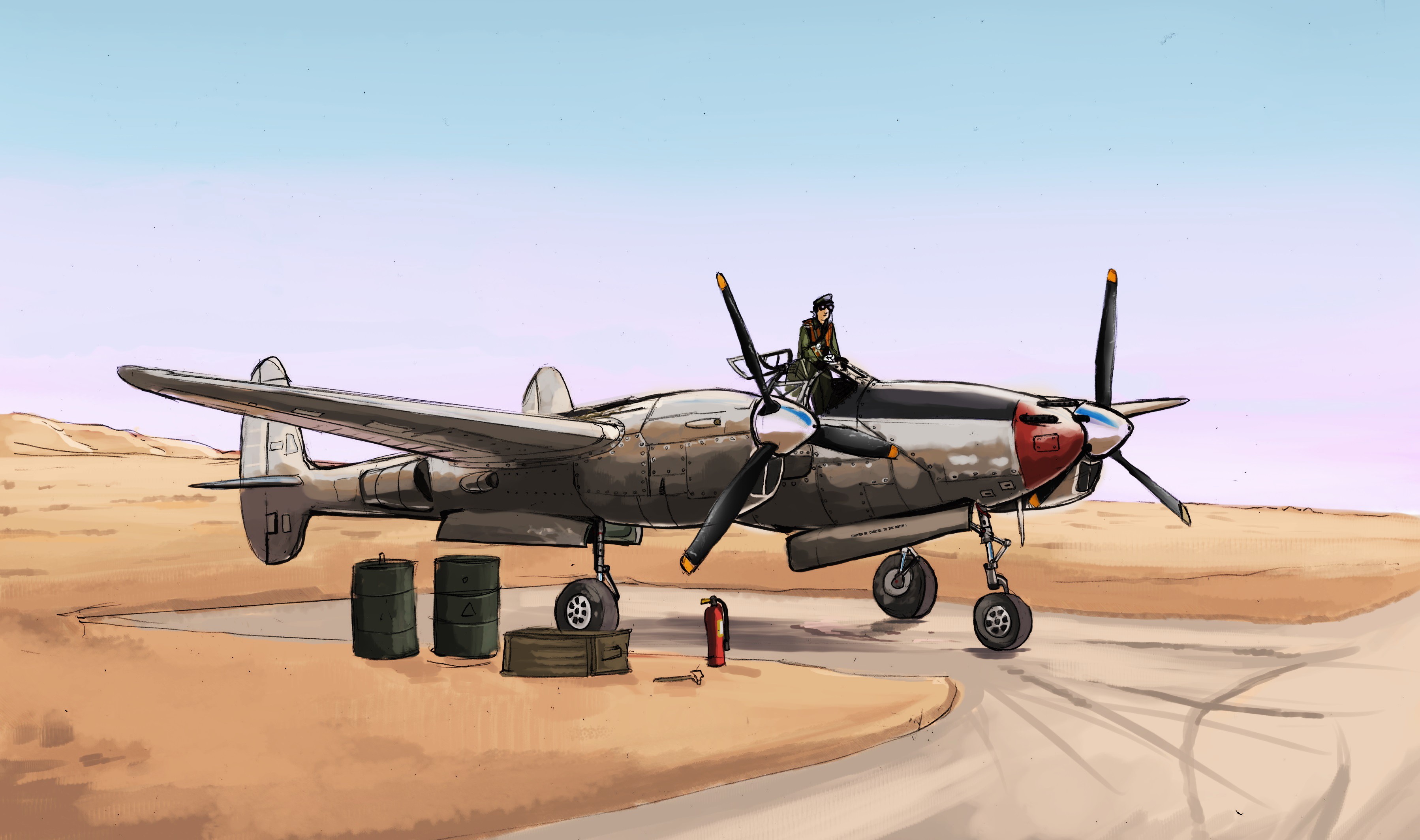 P-38 Lightning airplane in desert with pilot HD Wallpaper