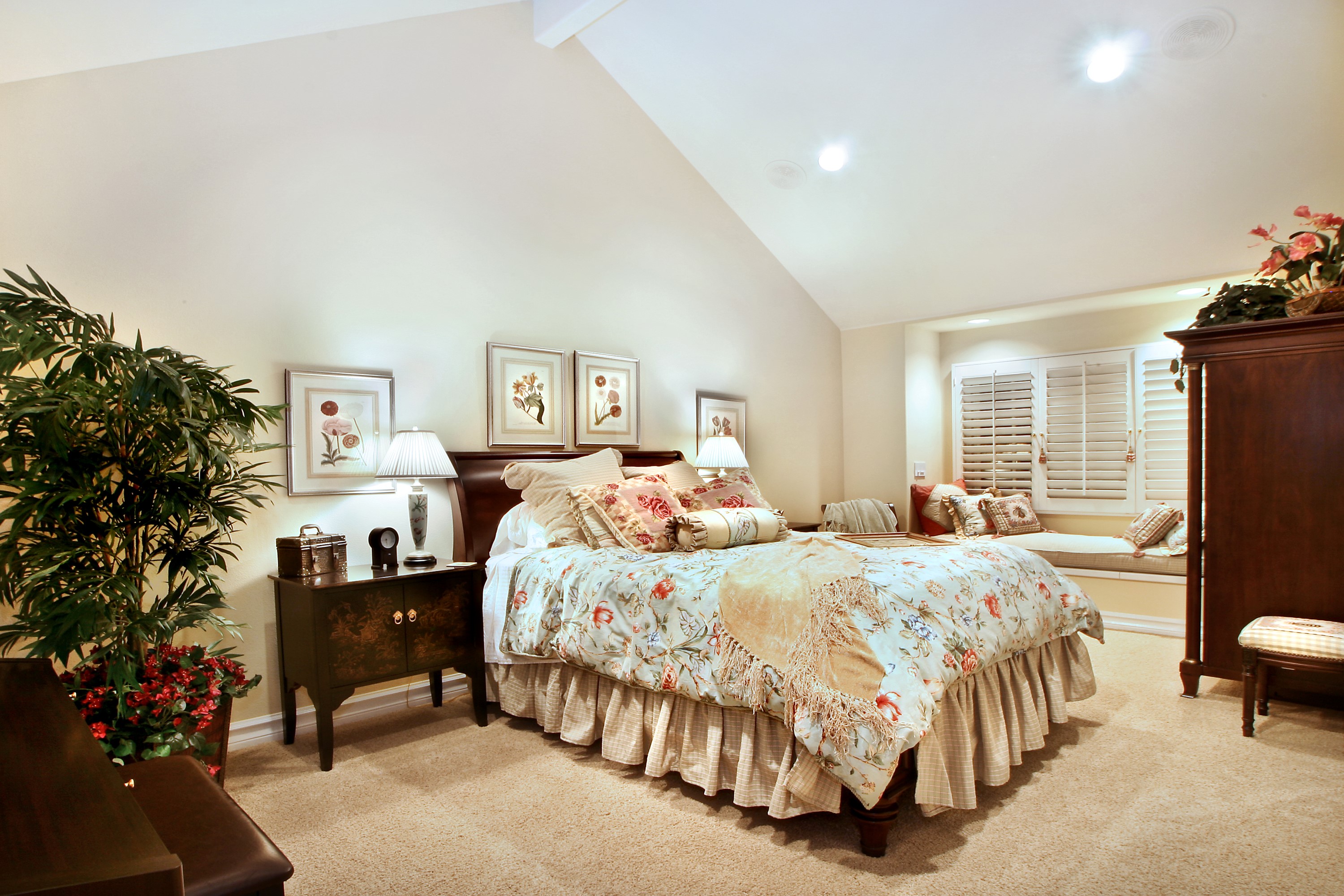 Bedroom with a bed, nightstand, and wardrobe HD Wallpaper