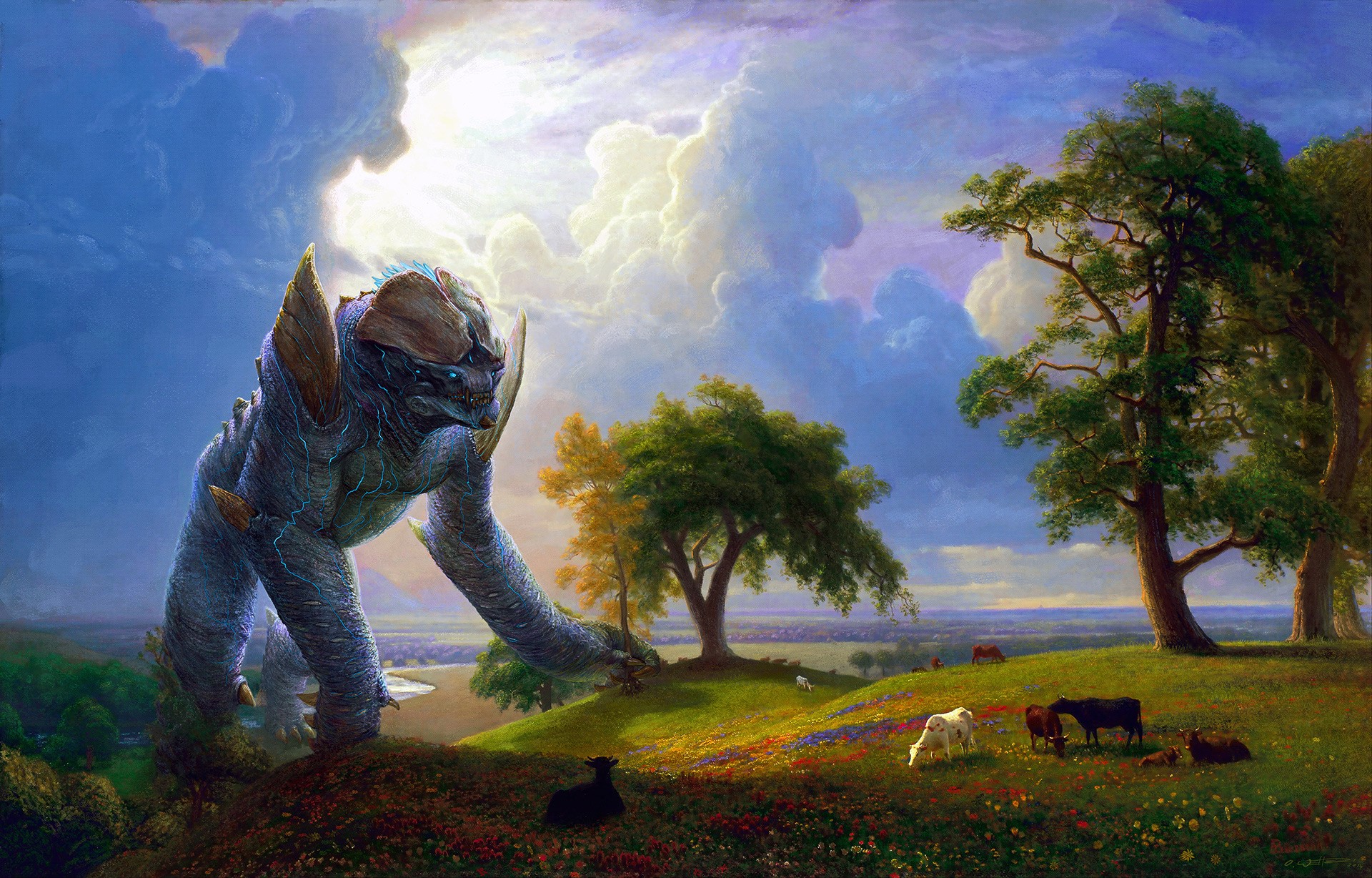 Giant creature in a grassy landscape with cows HD Wallpaper