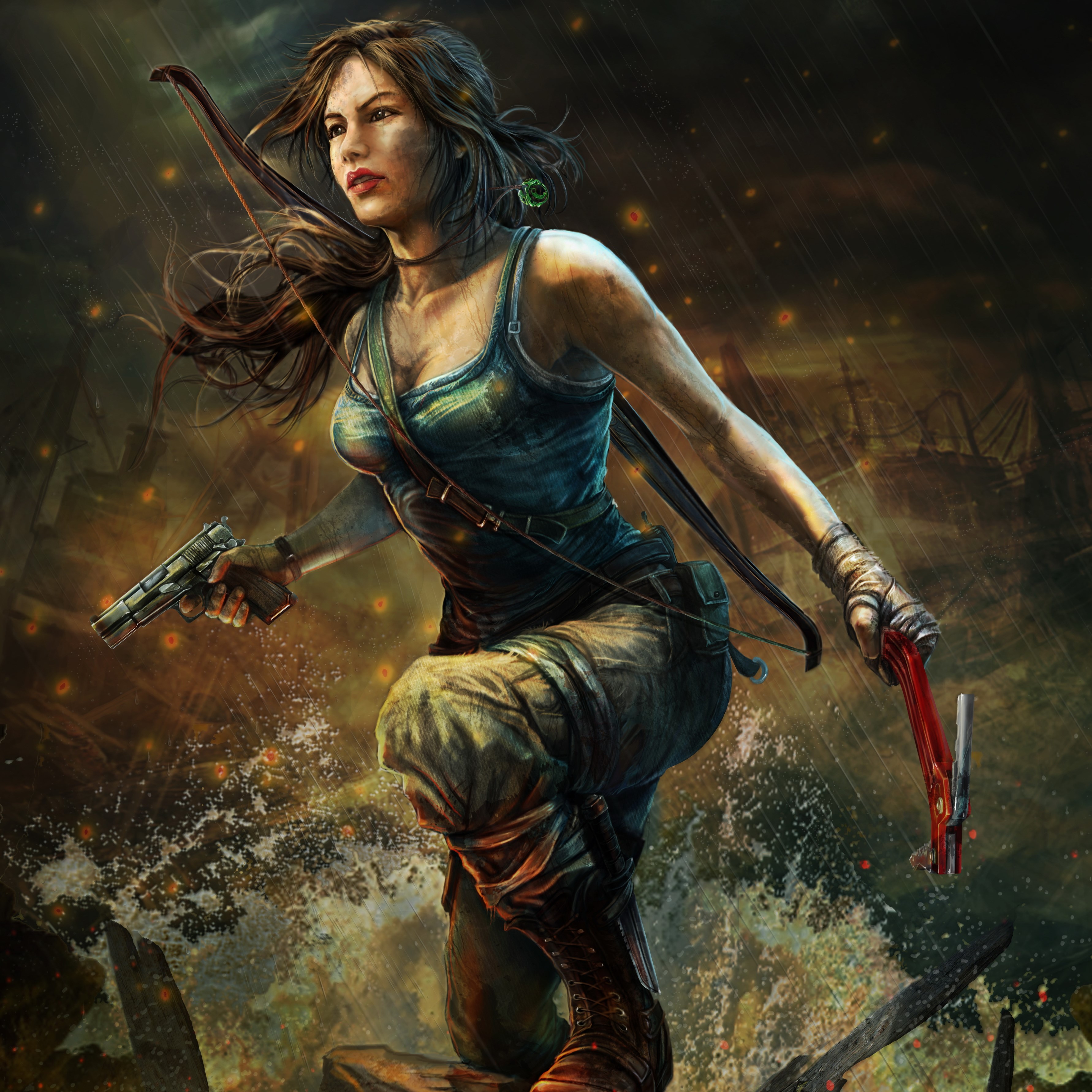 Lara Croft from Tomb Raider with bow and pistols HD Wallpaper