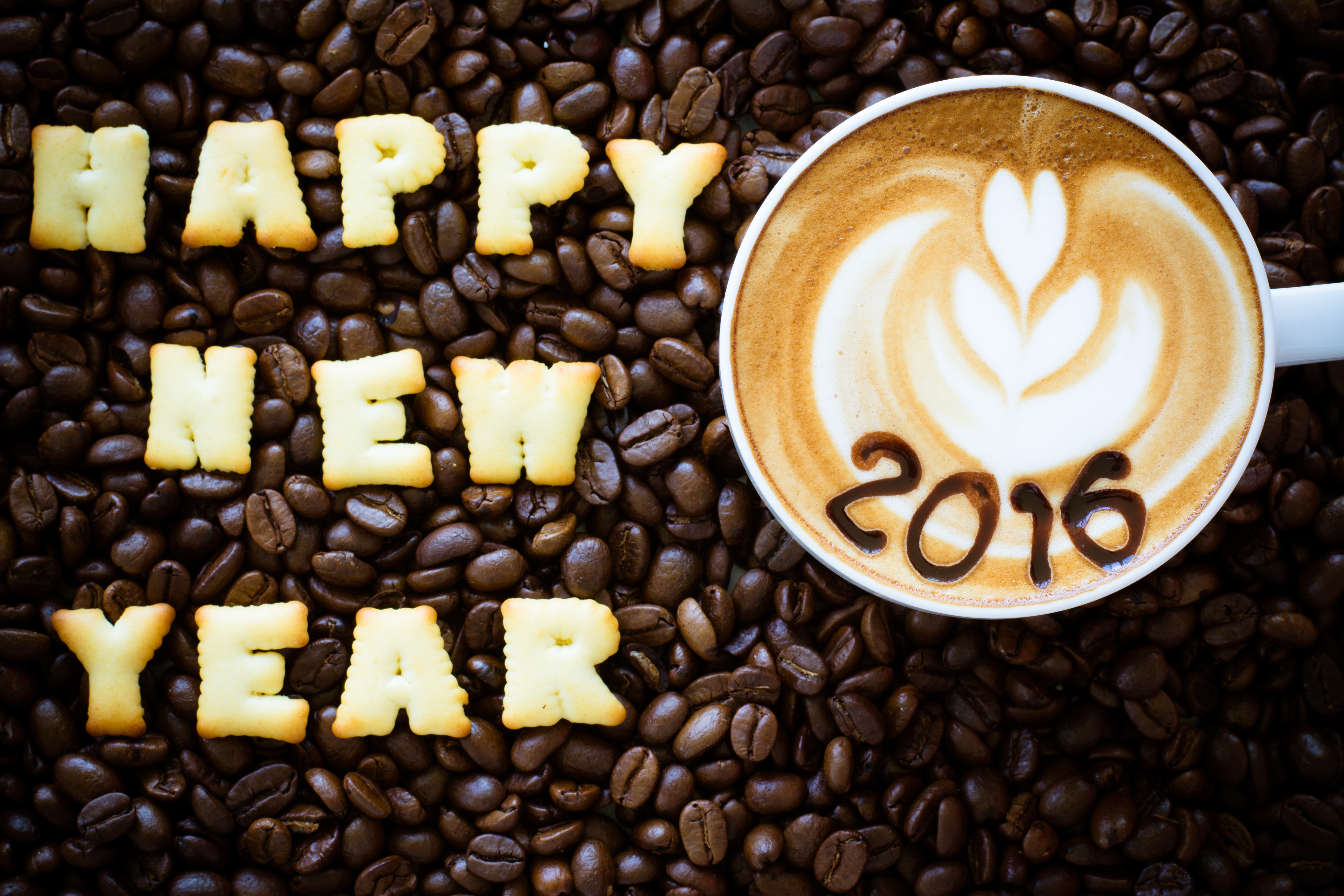 Happy New Year 2016 Coffee Cup with Latte Art HD Wallpaper