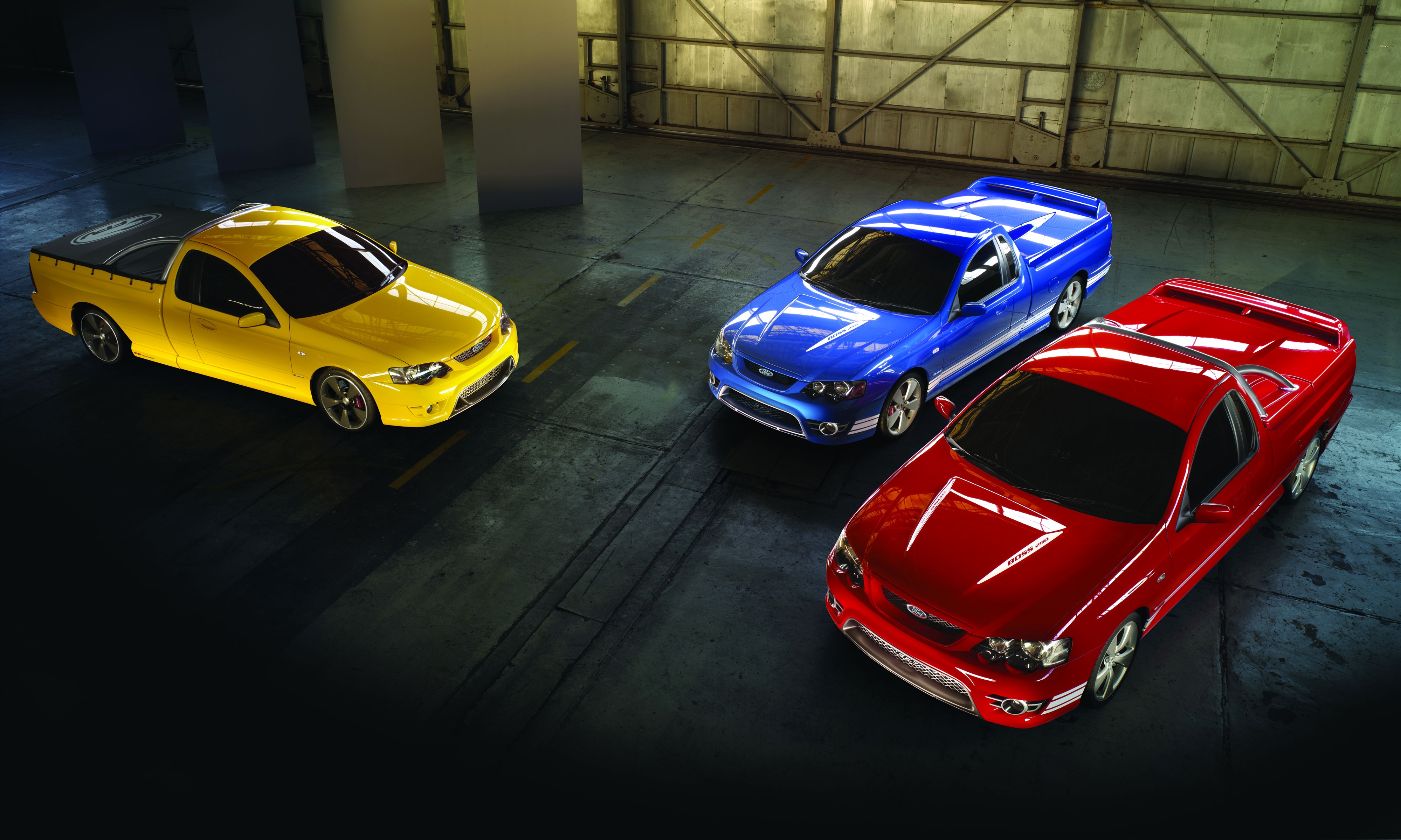 Three Ford FPV Utes in a Warehouse HD Wallpaper