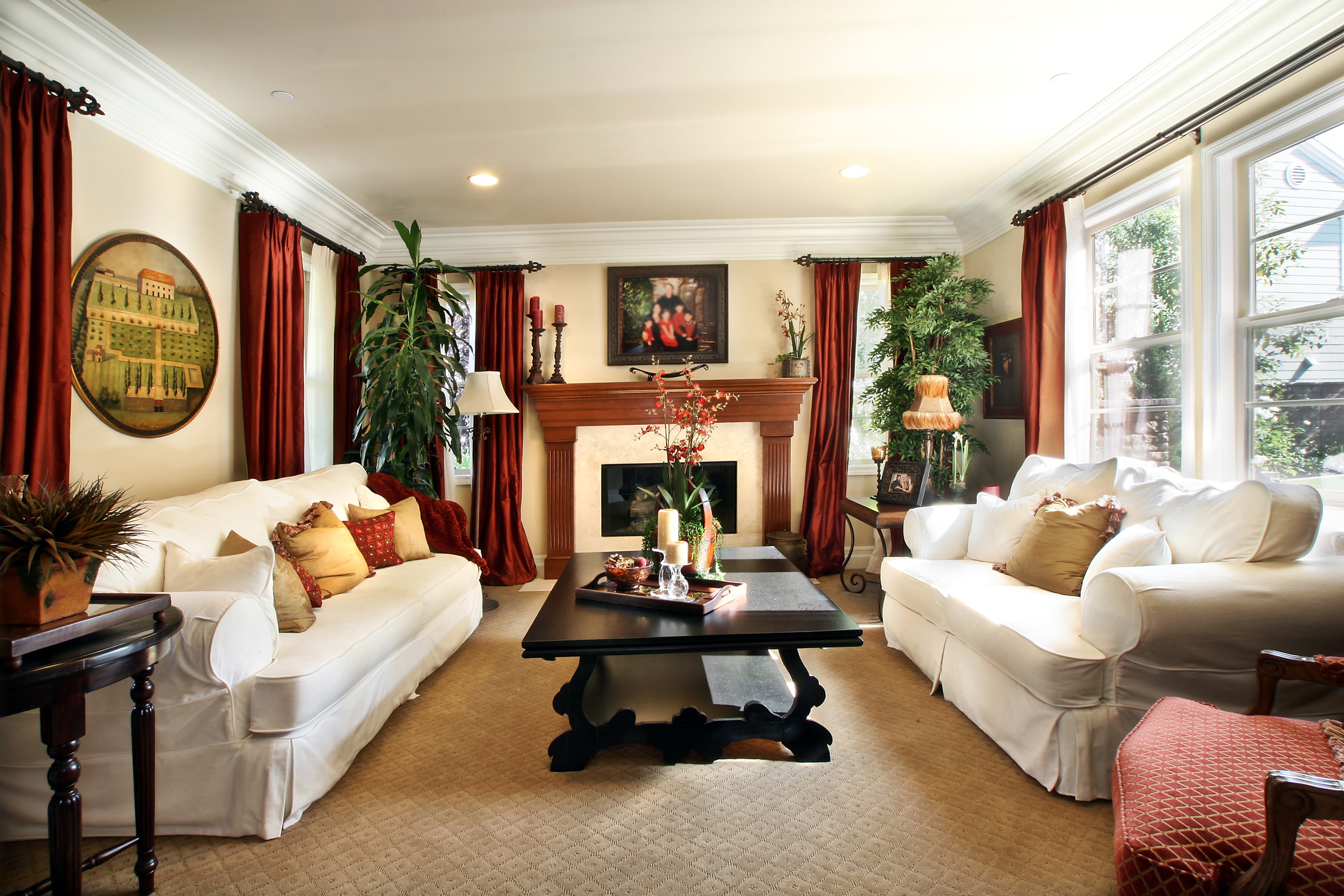Living room with sofas and fireplace HD Wallpaper
