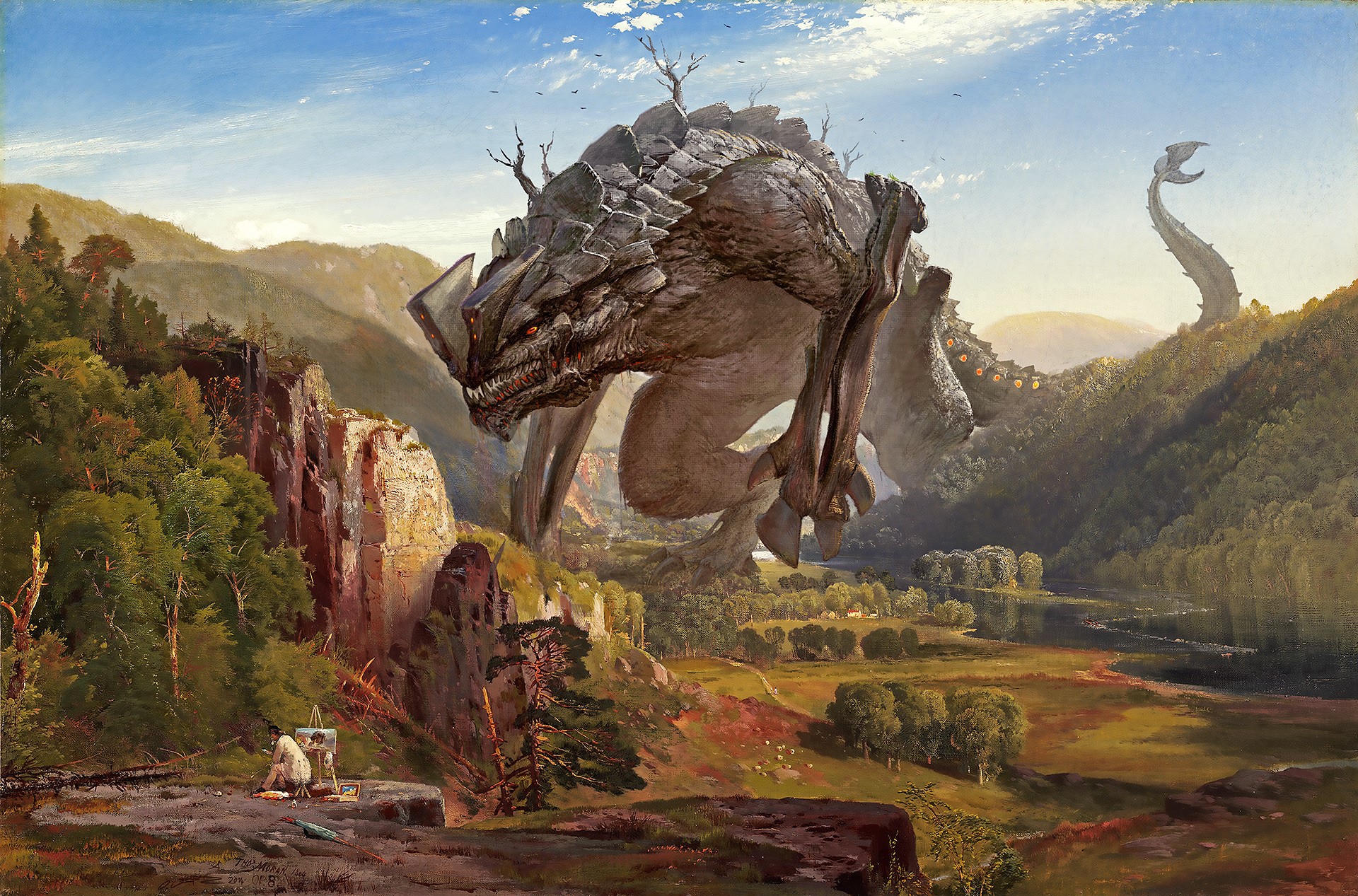 Giant monster in a mountain valley with a painter HD Wallpaper