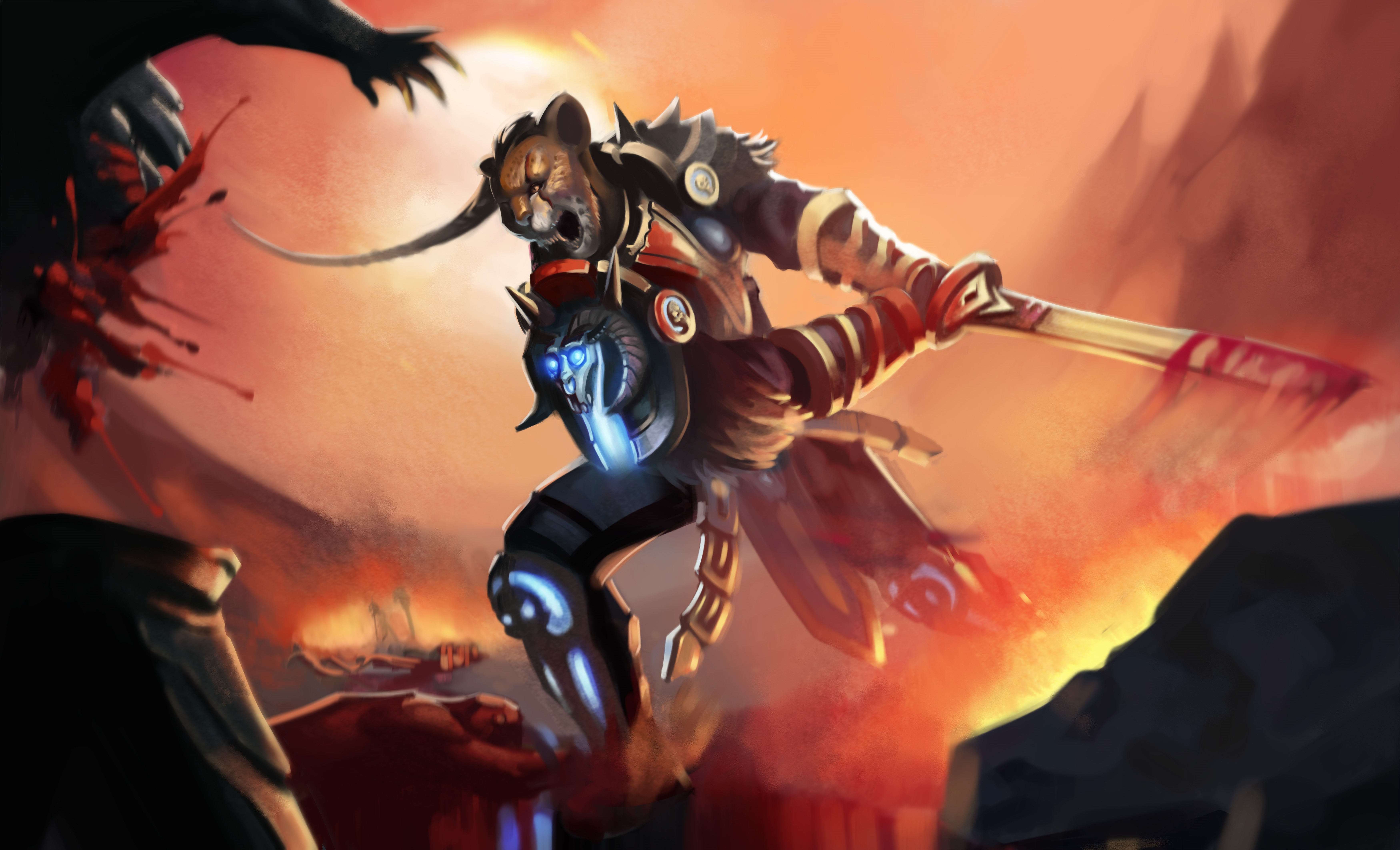 Warrior with feline head and sword in battle HD Wallpaper