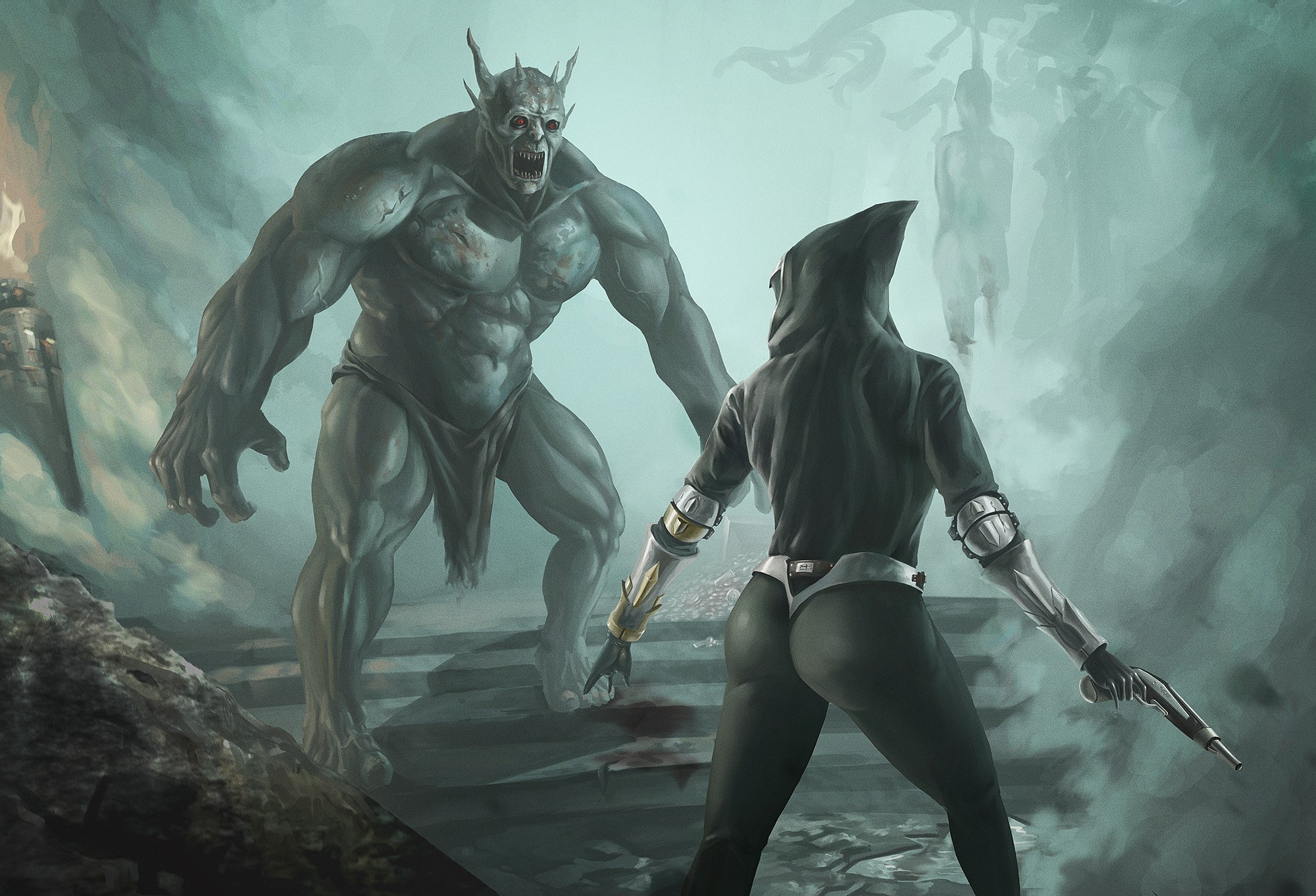 Monster fighting a warrior in a cave HD Wallpaper