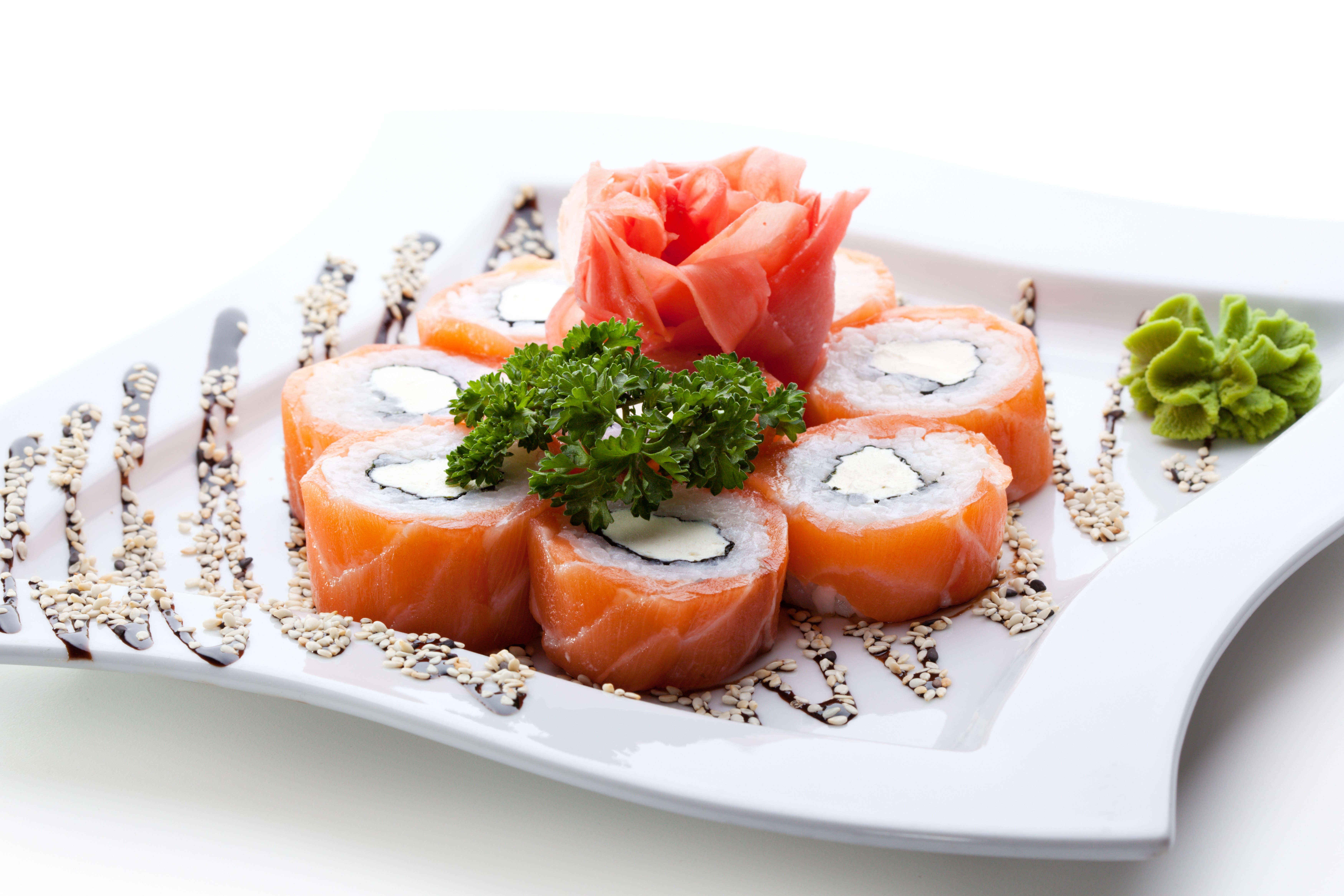 Salmon cream cheese sushi rolls with pickled ginger and wasabi HD Wallpaper