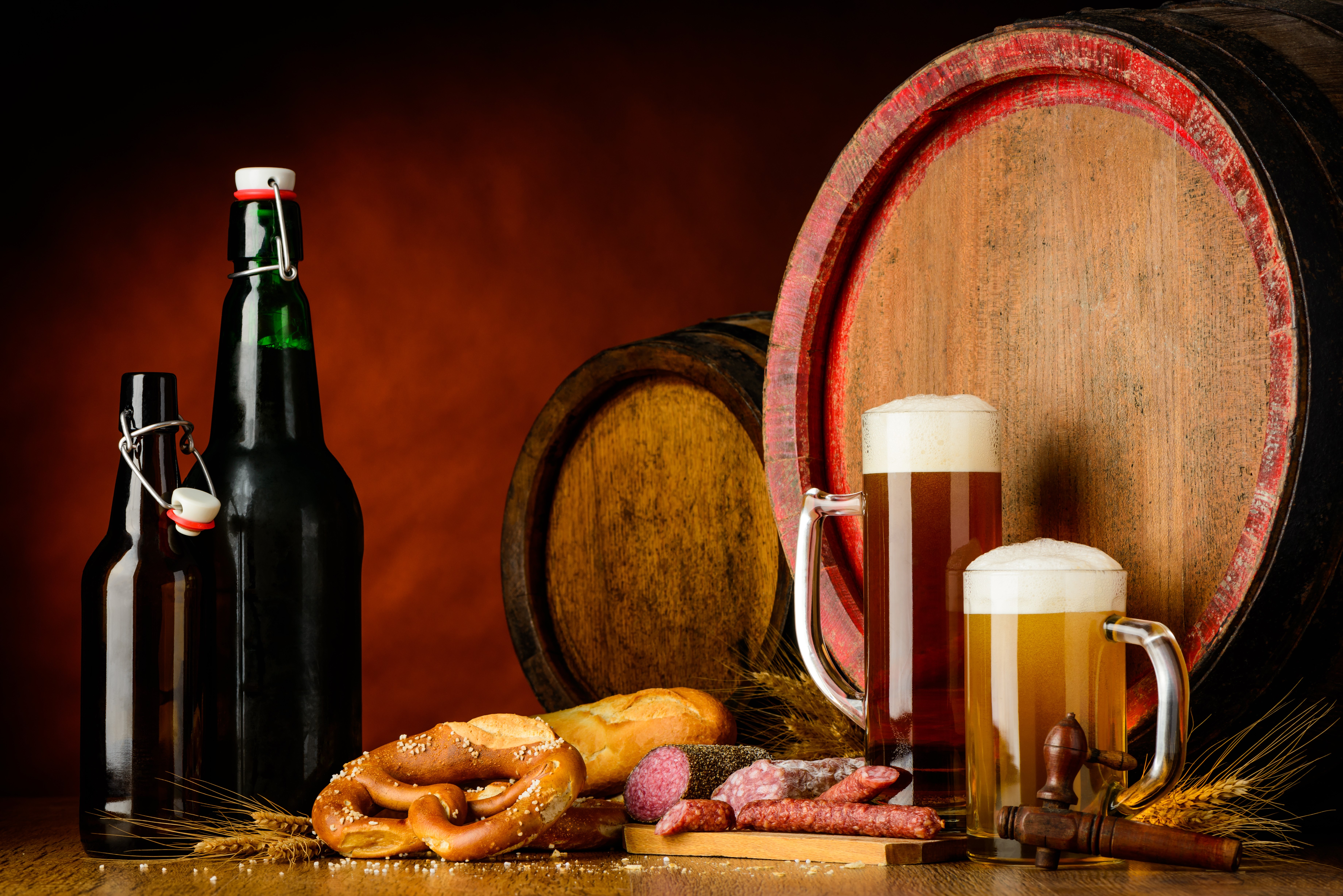 Beer Mugs and Bottles with Barrels and Food HD Wallpaper