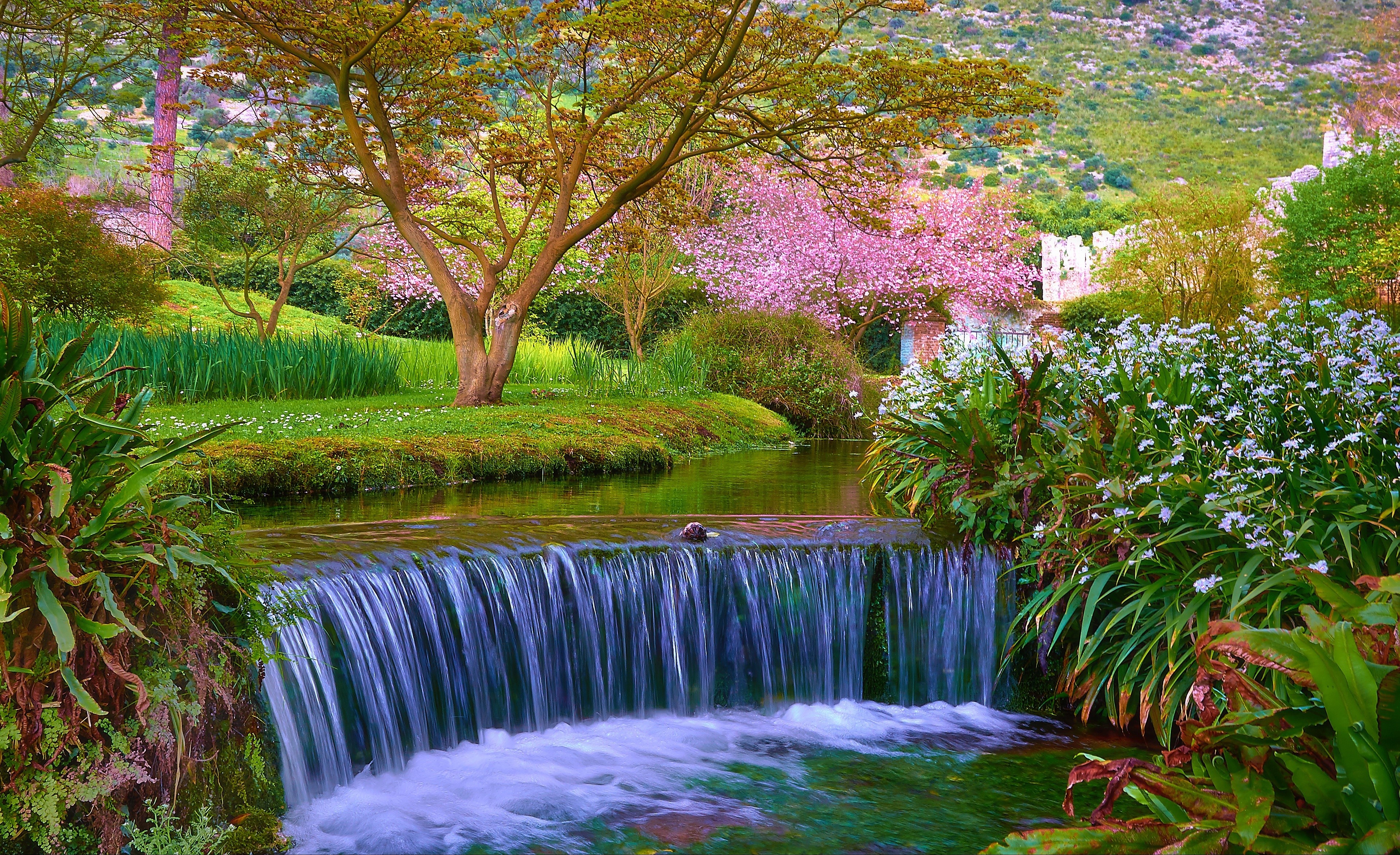 4K Gardens with Waterfalls in Ninfa Cisterna di Latina, Italy HD Wallpaper