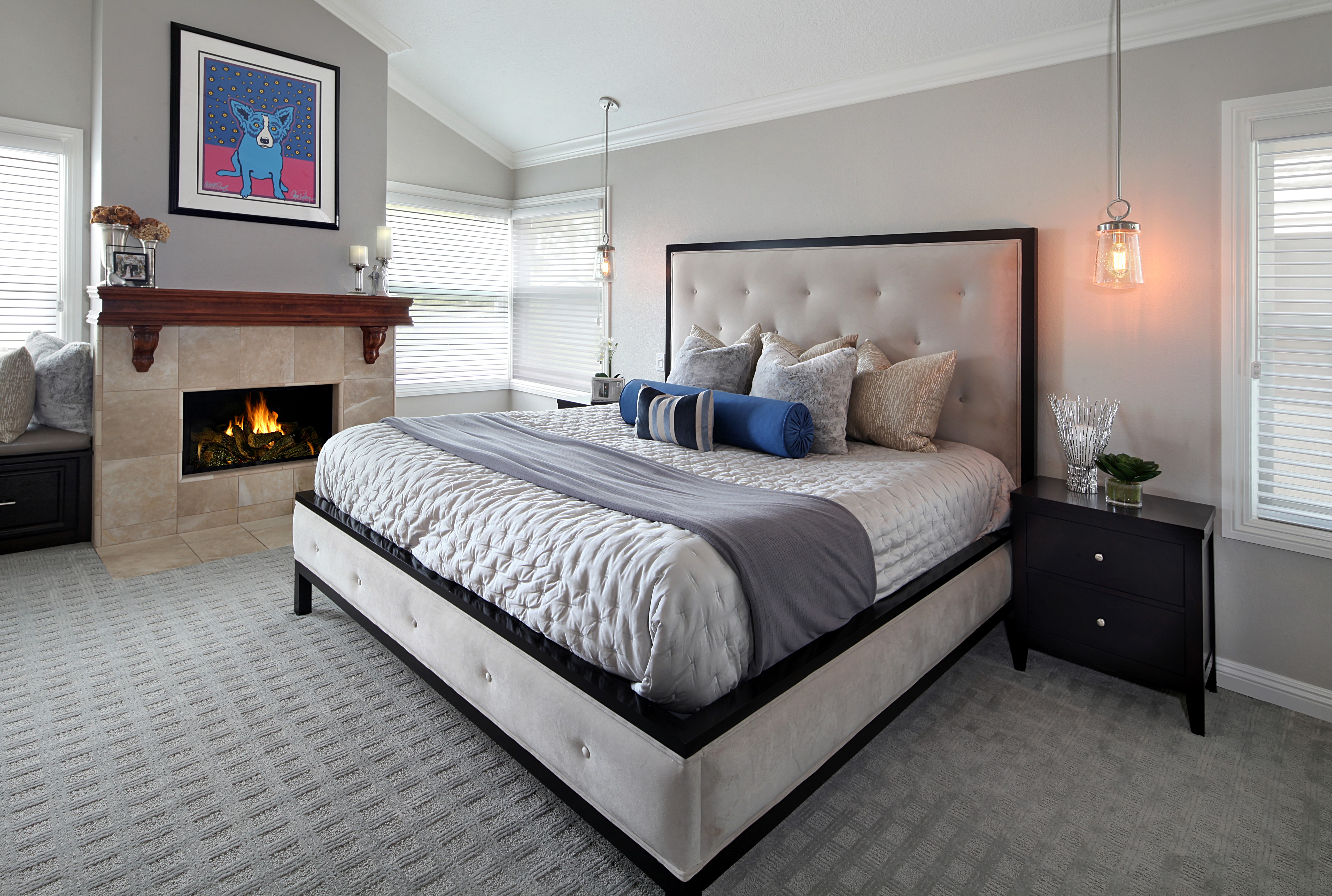 Bedroom with fireplace and bed HD Wallpaper