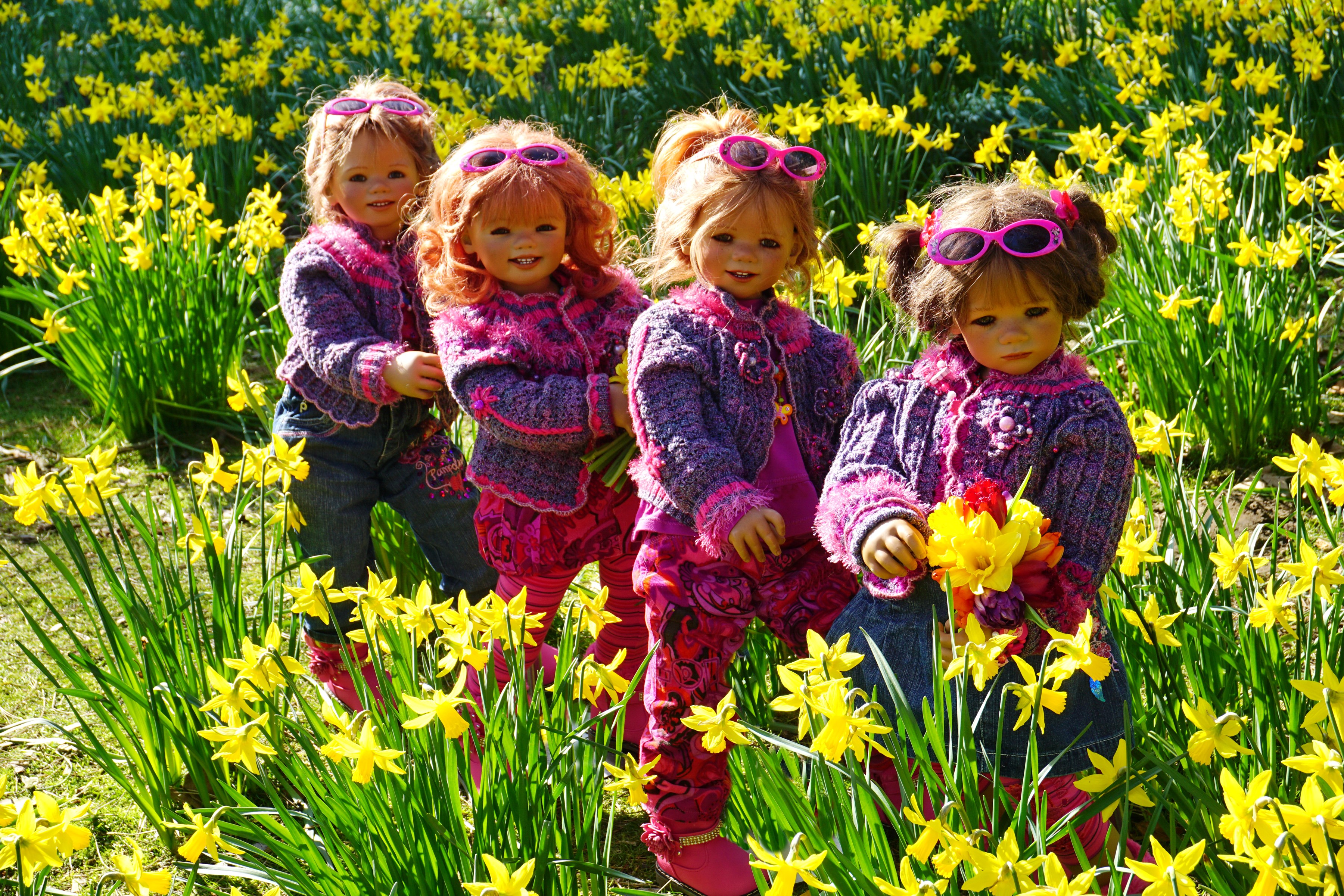 Dolls in a field of daffodils HD Wallpaper