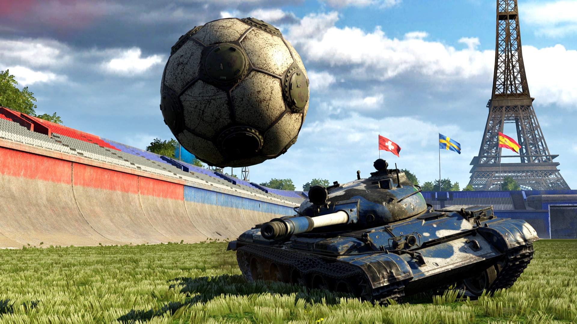 World of Tanks tank with soccer ball near Eiffel Tower HD Wallpaper