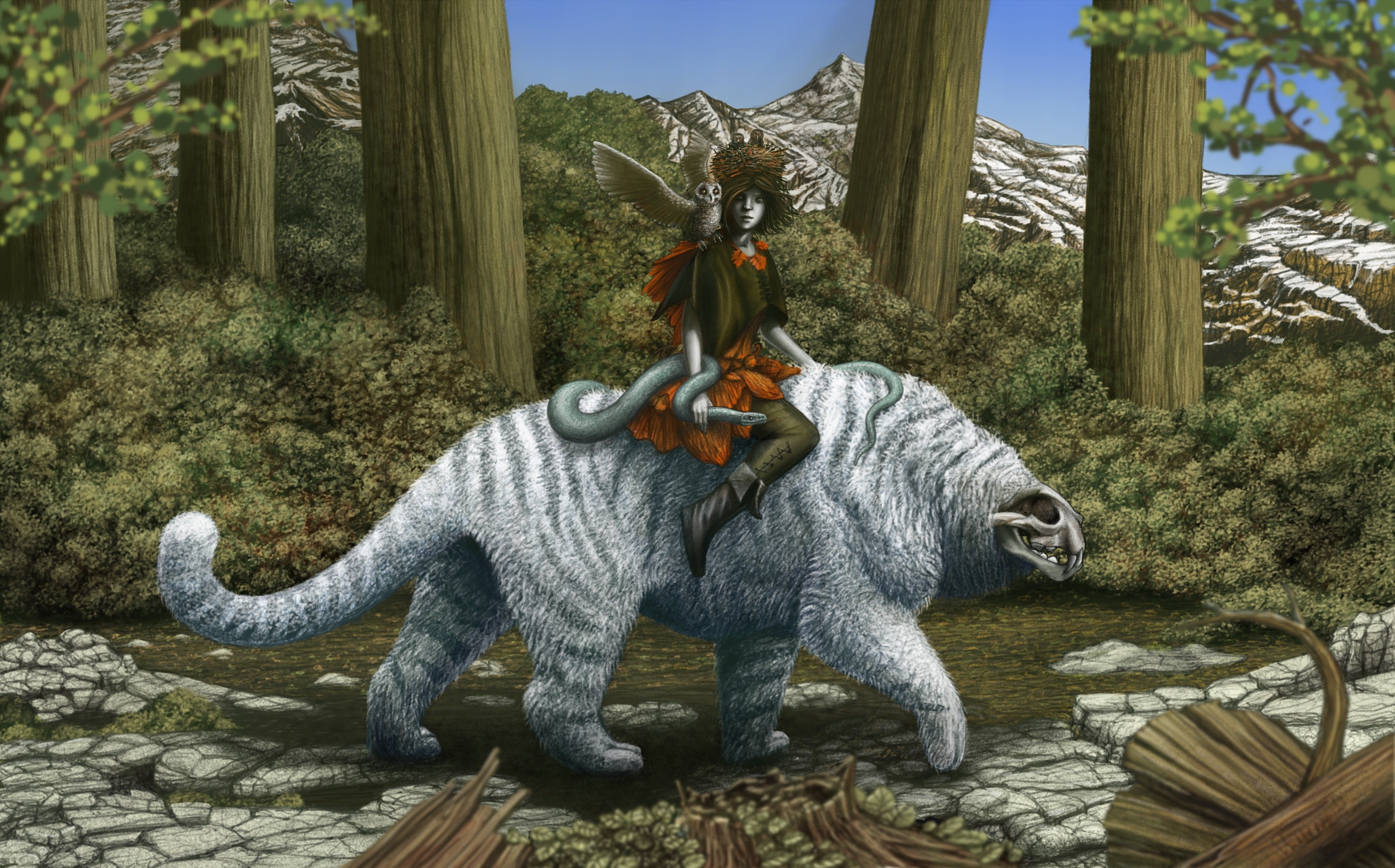 Child riding a white tiger with a snake and owl HD Wallpaper