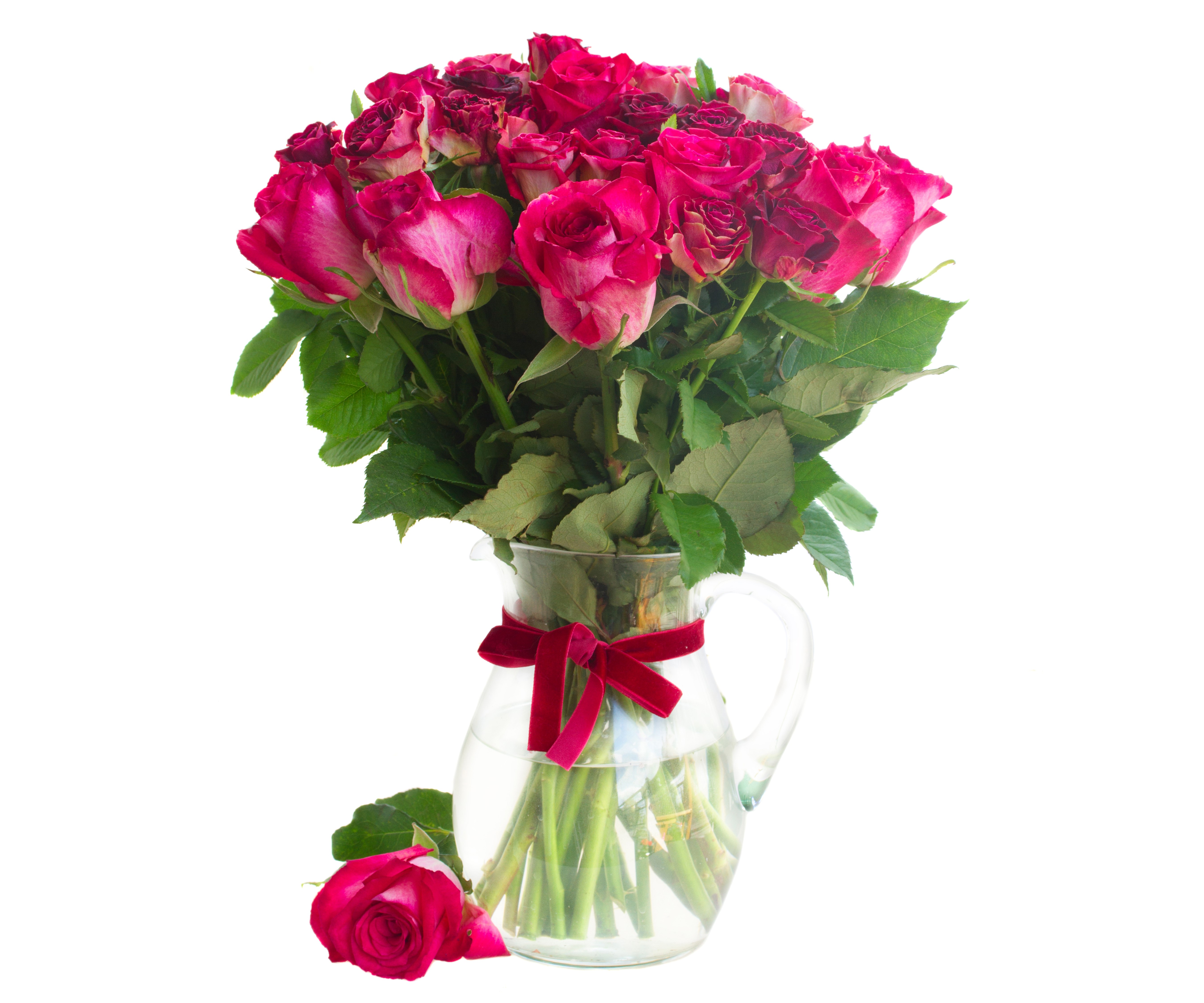 Bouquet of pink roses in a jug with a red bow HD Wallpaper