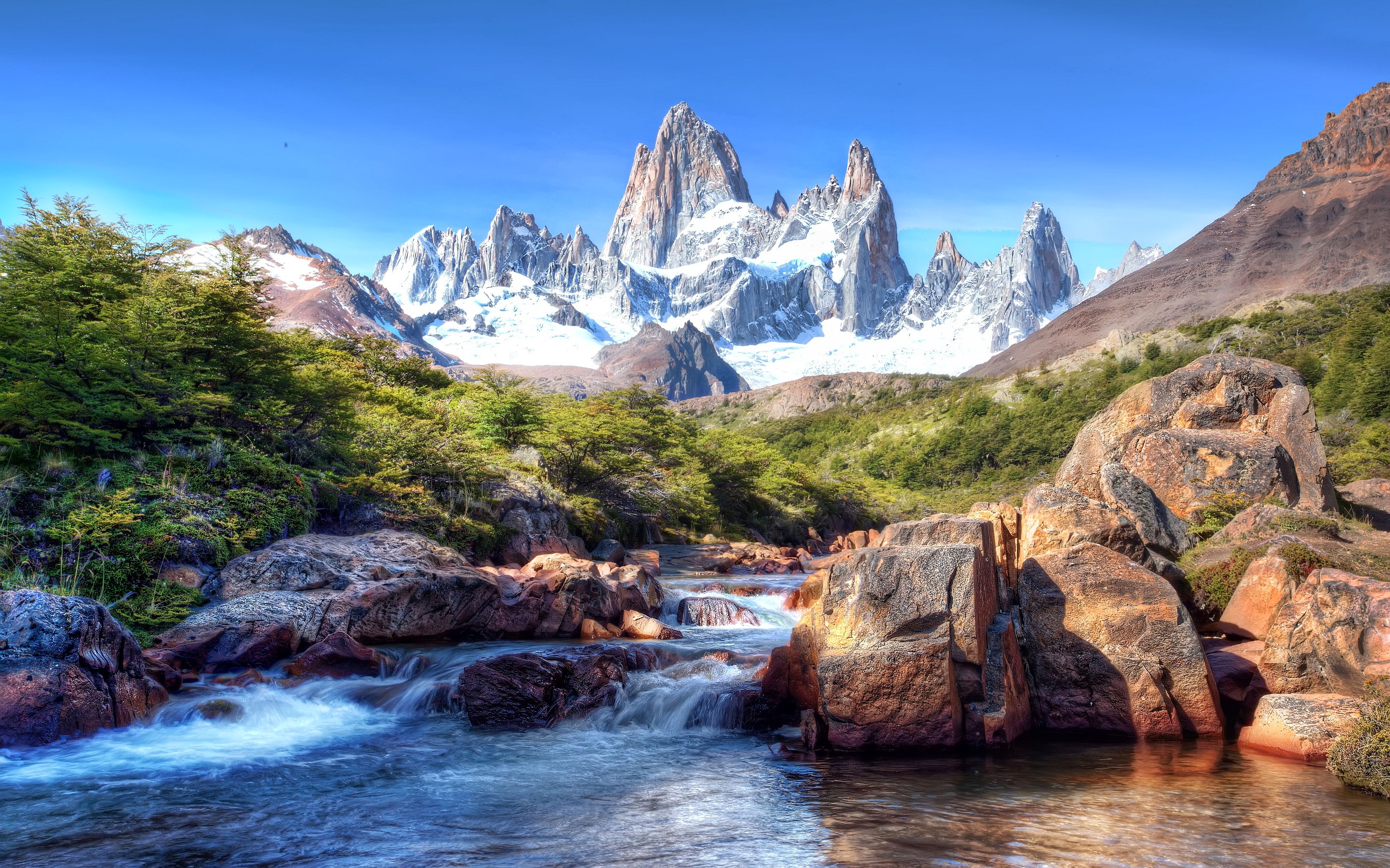 Fitz Roy Mountain Range and River in Patagonia HD Wallpaper