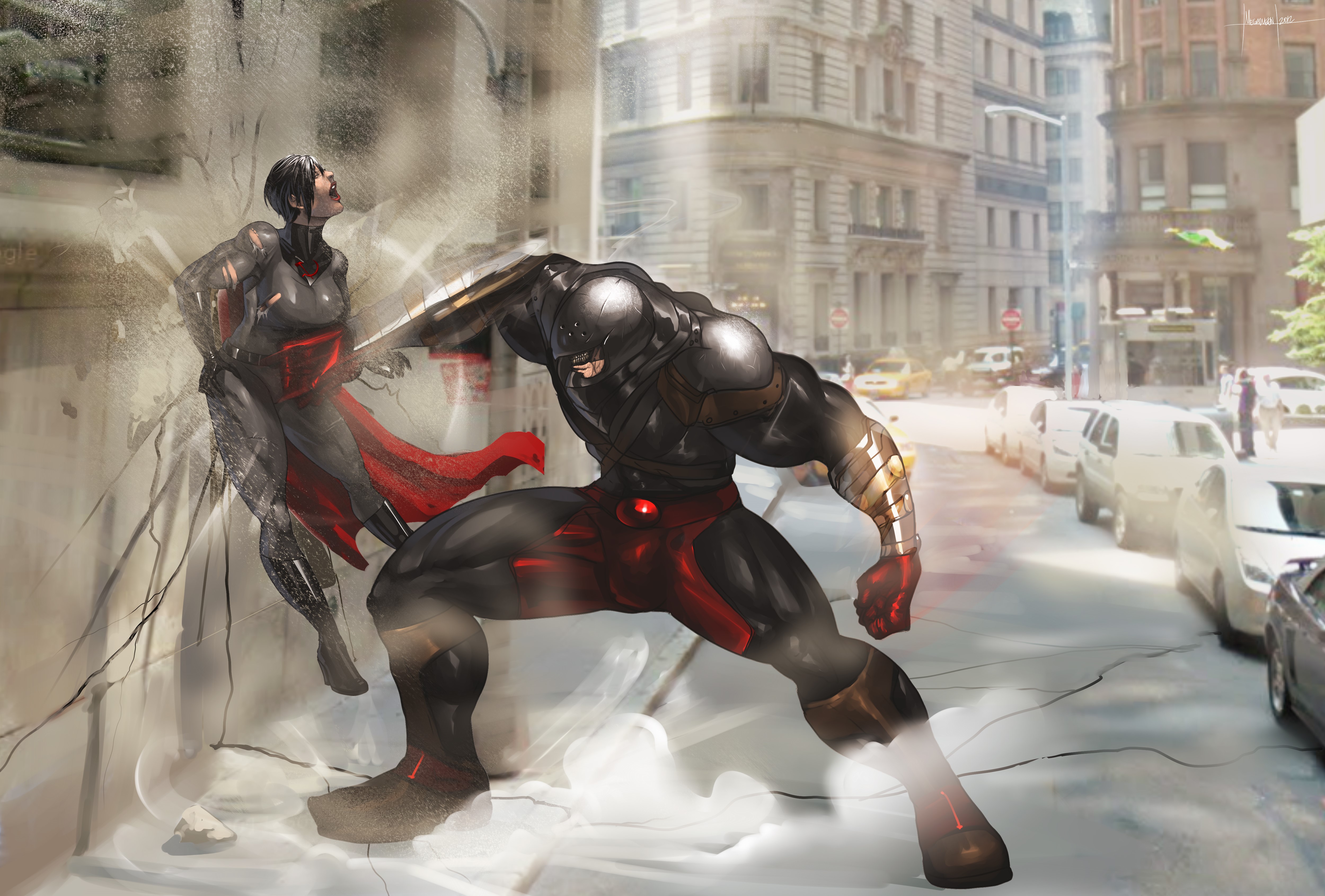 Superwoman and a male fighter battle in a city HD Wallpaper