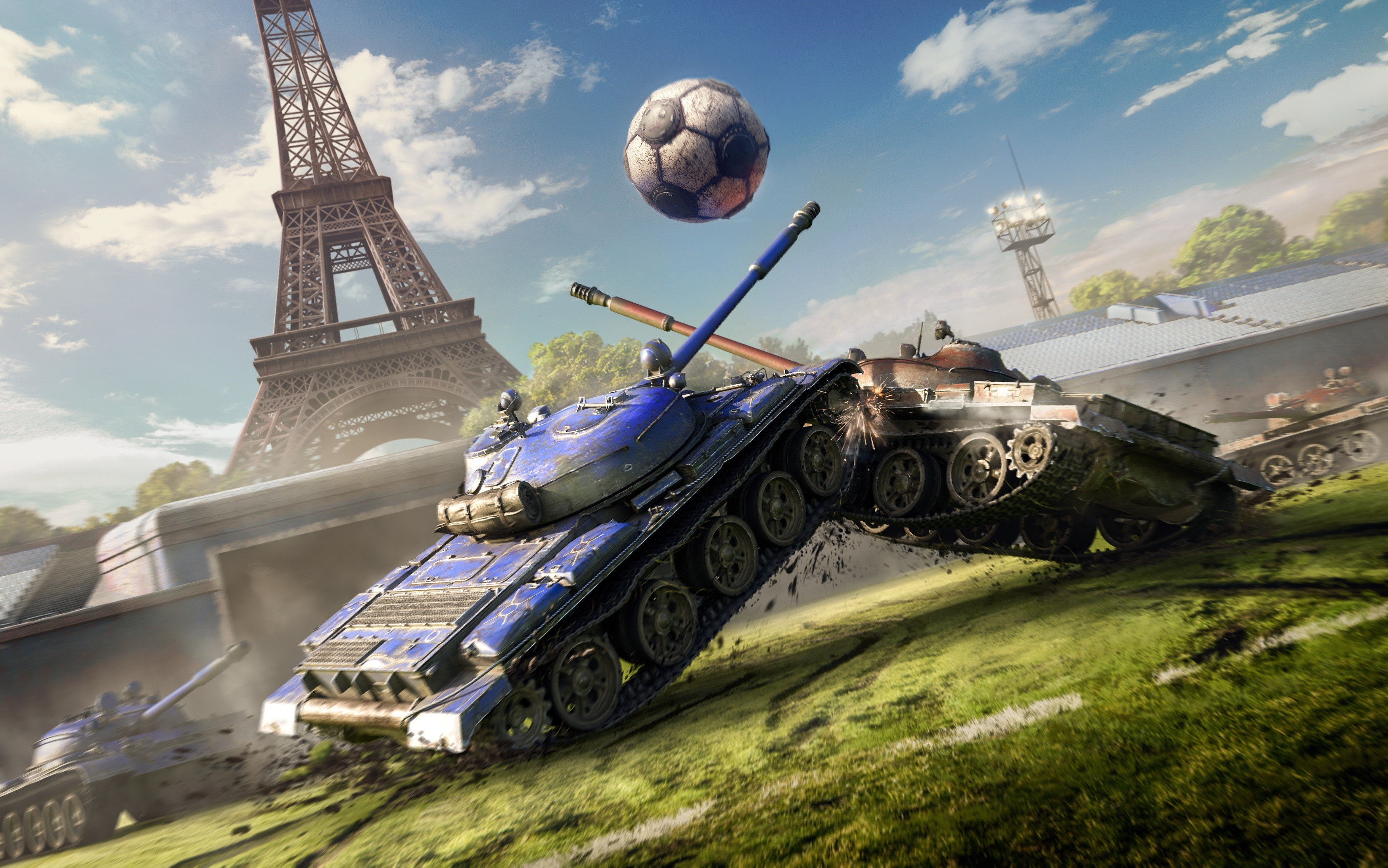 World of Tanks tanks near Eiffel Tower with soccer ball HD Wallpaper