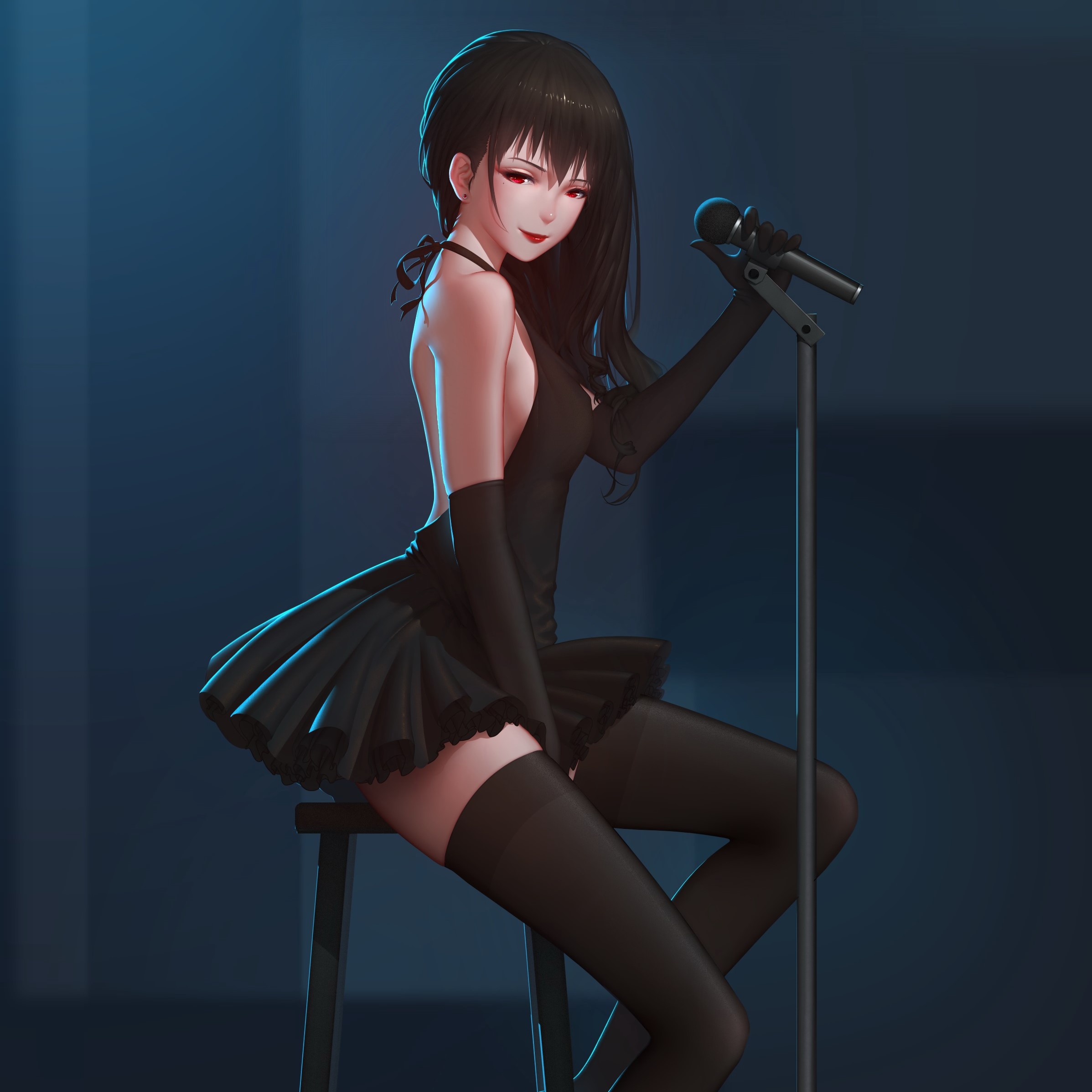 Brunette girl singing into a microphone HD Wallpaper