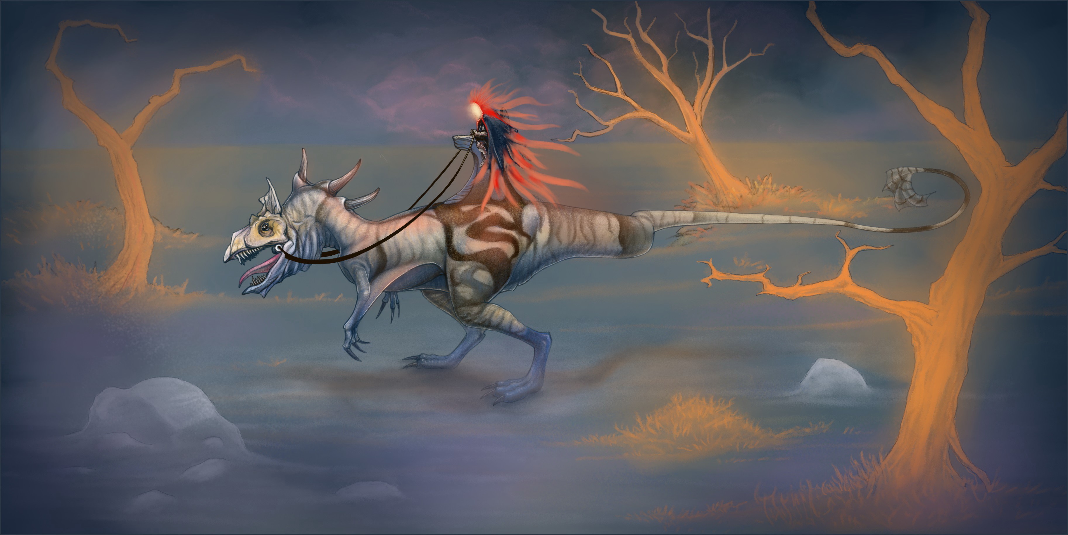 Warrior riding a dinosaur in a misty landscape HD Wallpaper