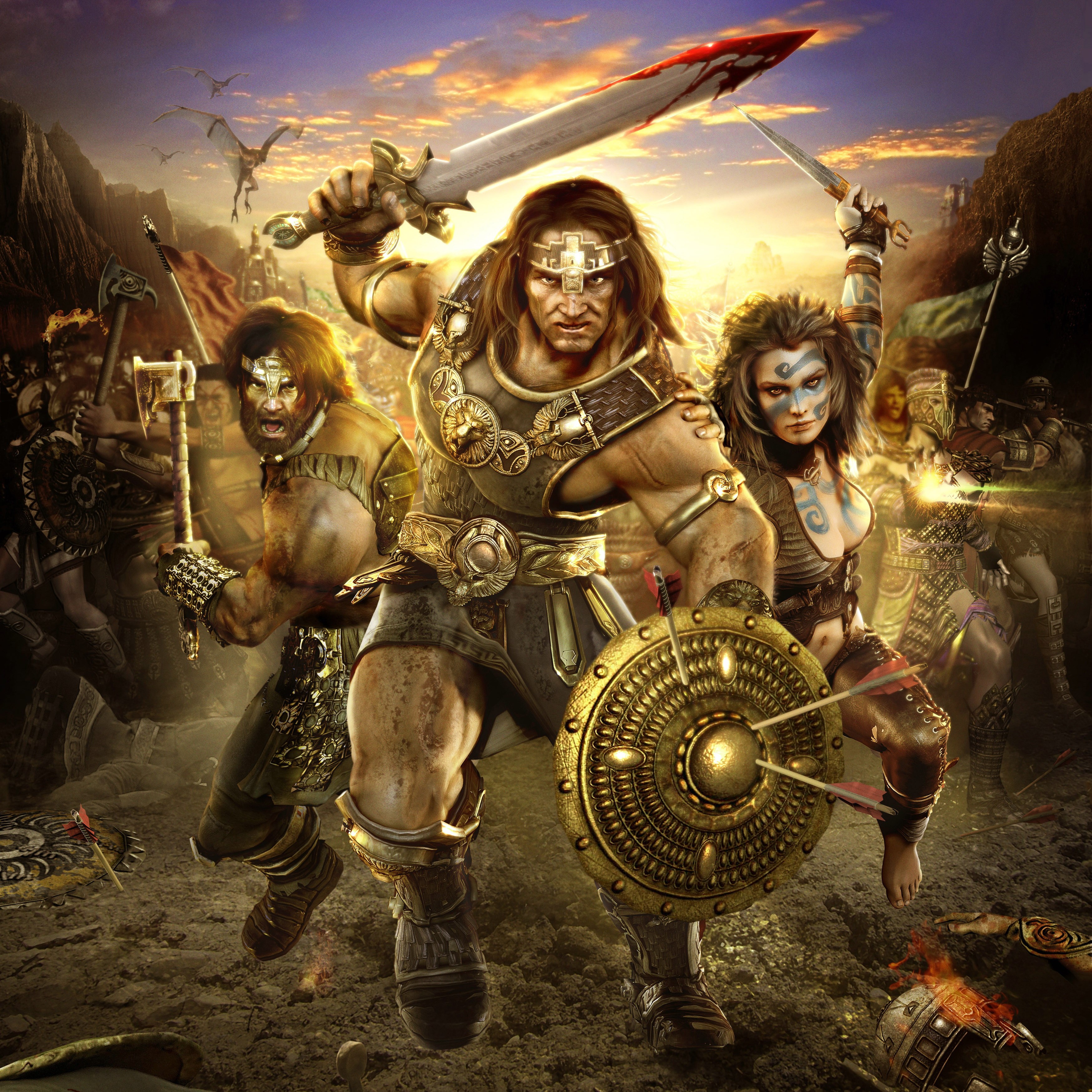 Warriors with swords and shields from Age of Conan HD Wallpaper