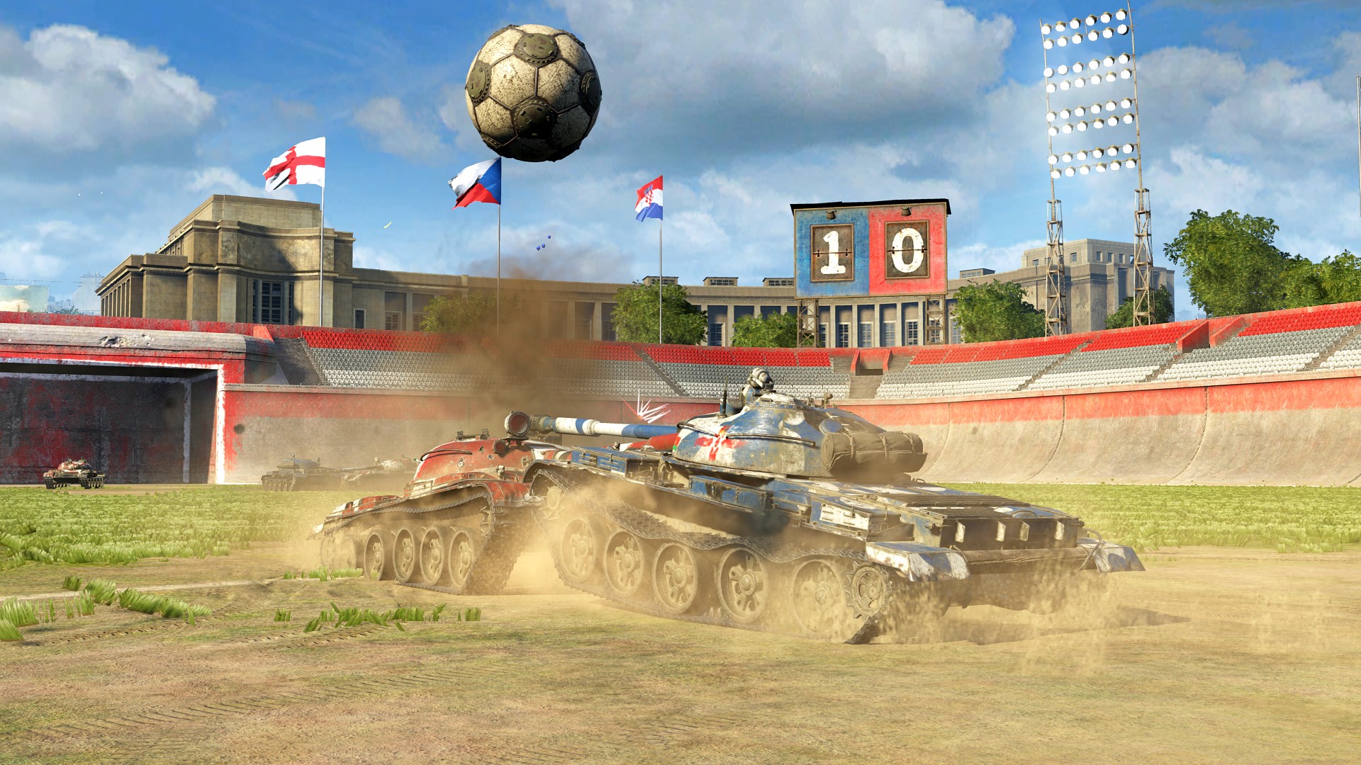 World of Tanks tanks playing soccer in stadium HD Wallpaper