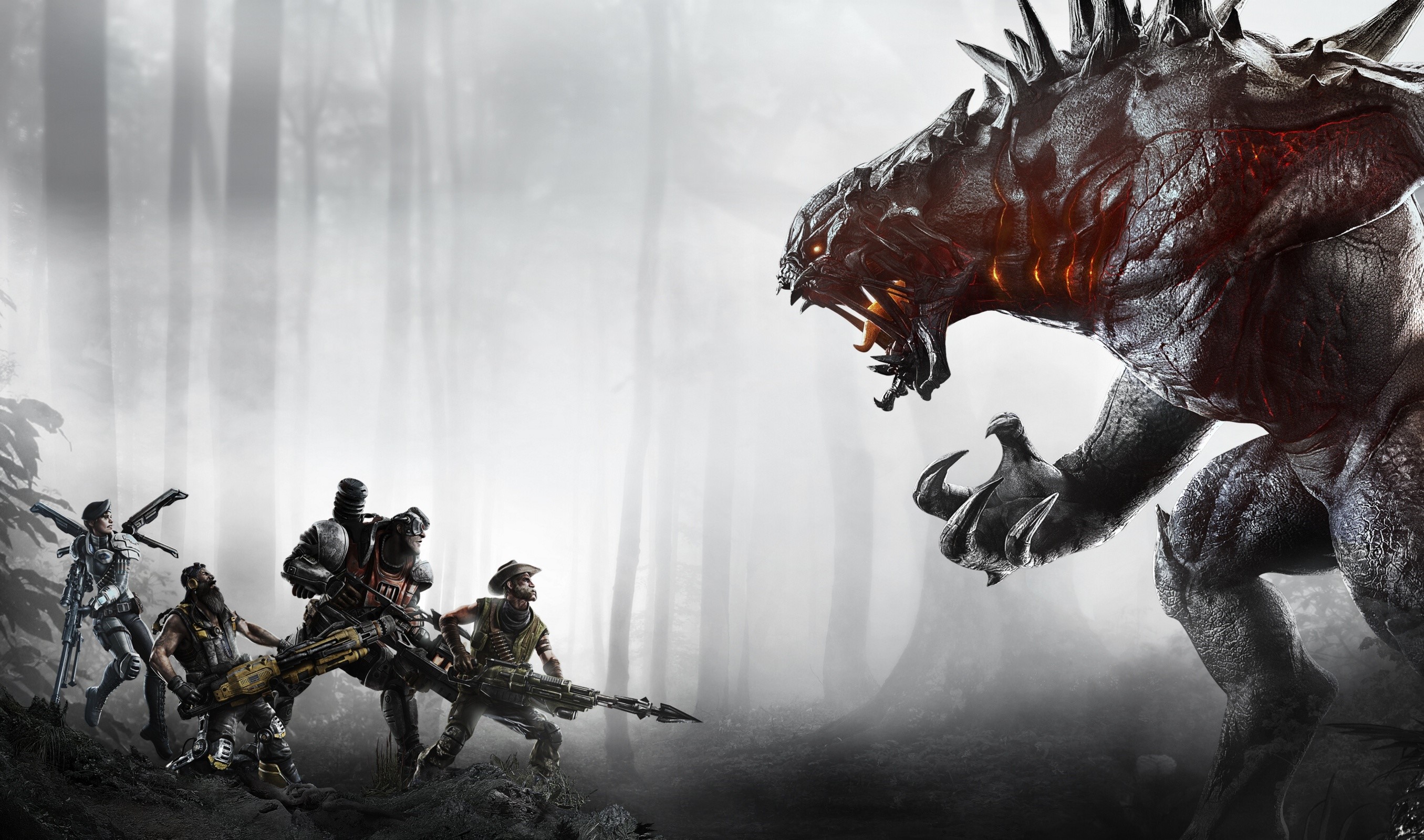 Monster and hunters in a forest from Evolve game HD Wallpaper