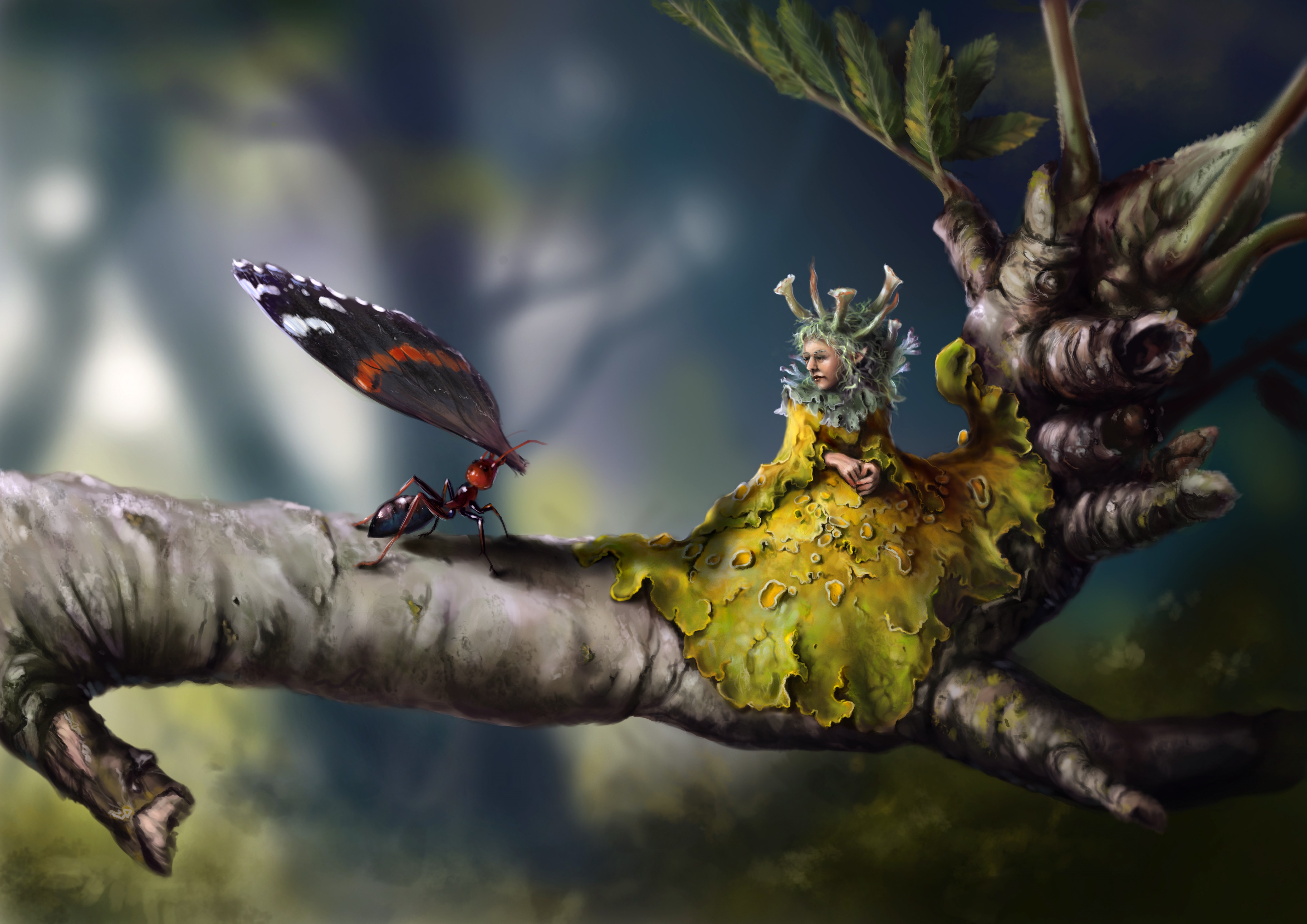 Ant carrying butterfly wing near fairy on branch HD Wallpaper