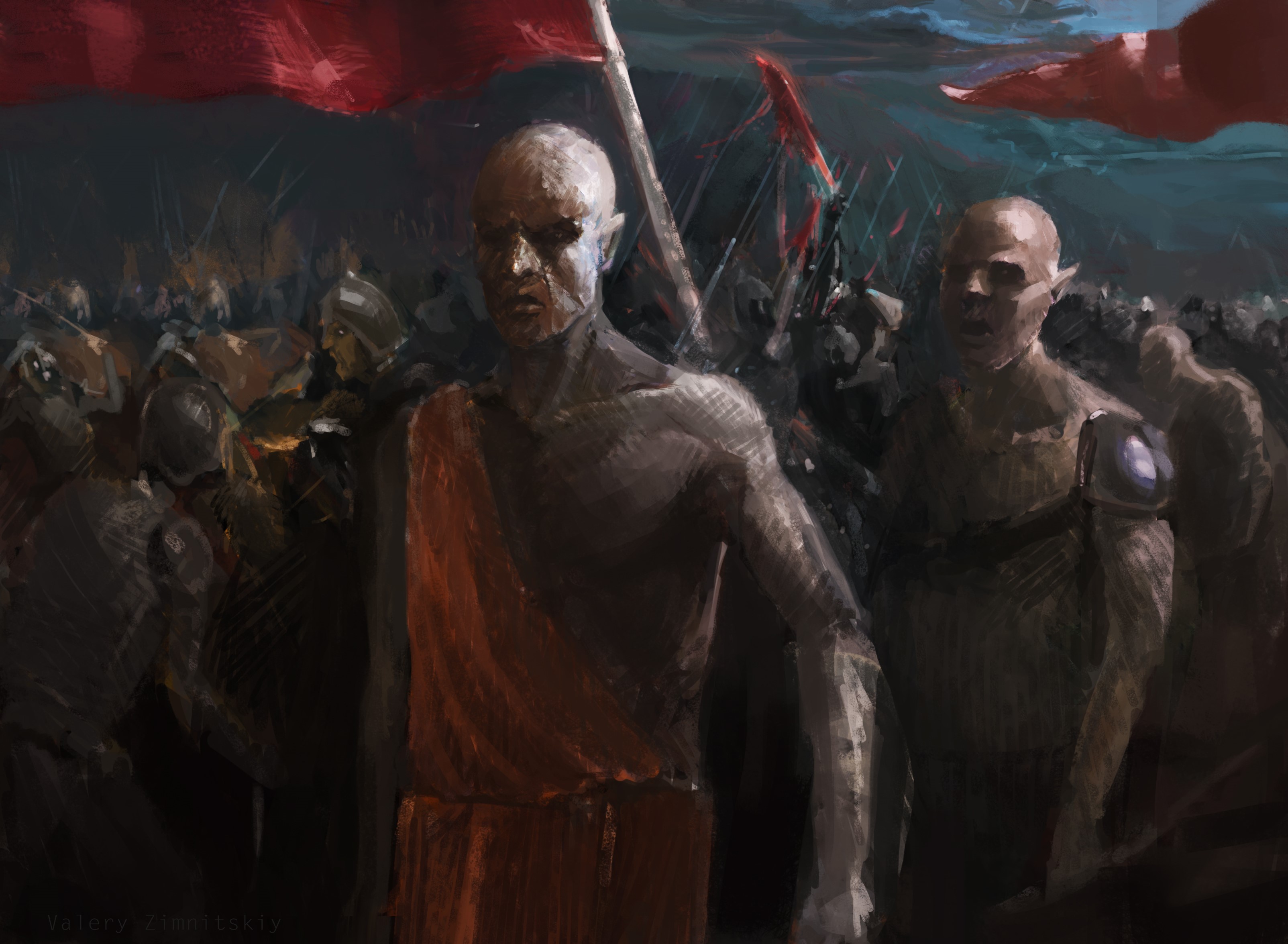 Orc warriors with red flags in a dark landscape HD Wallpaper