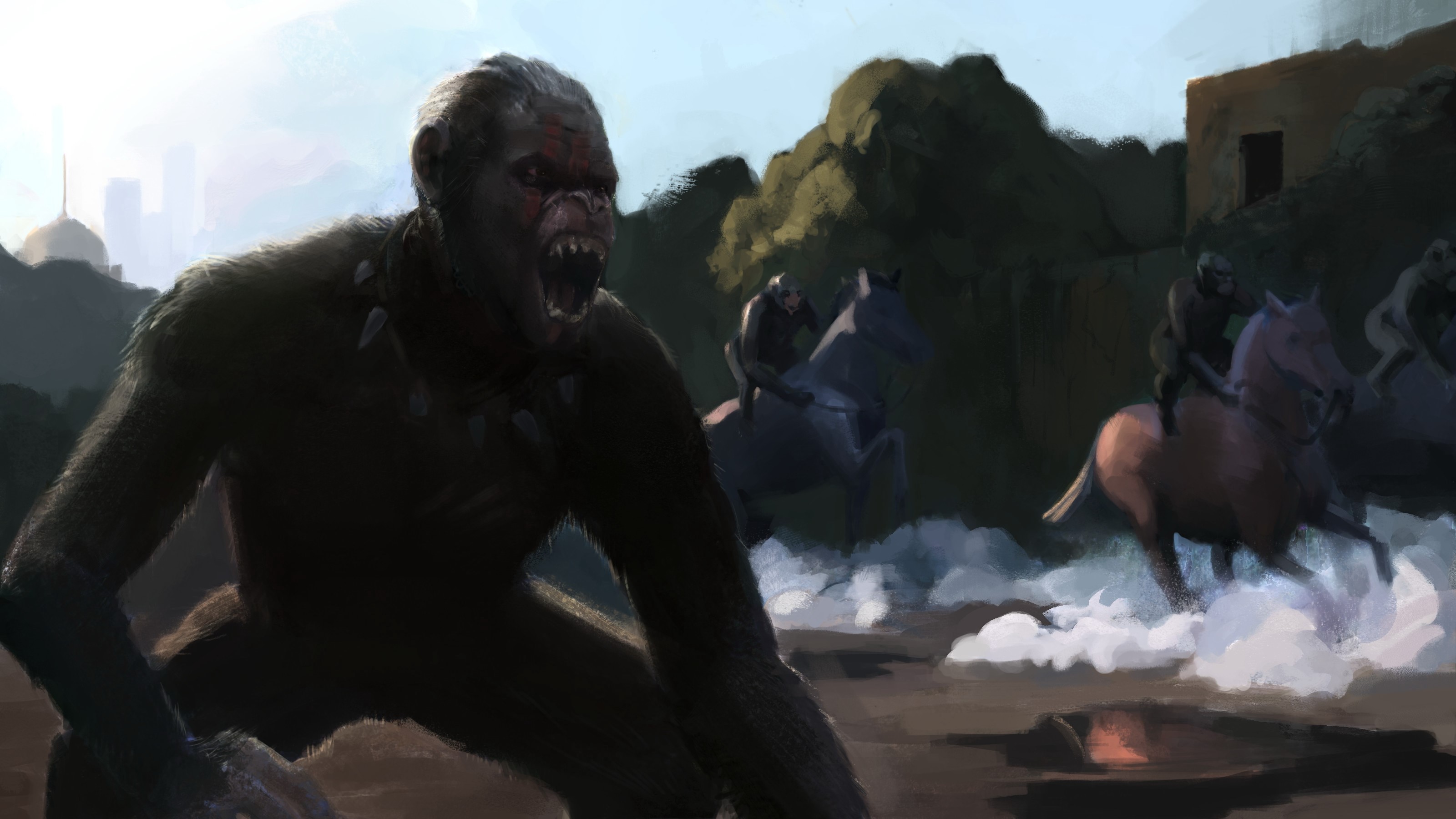 Apes on horseback in a desolate landscape HD Wallpaper