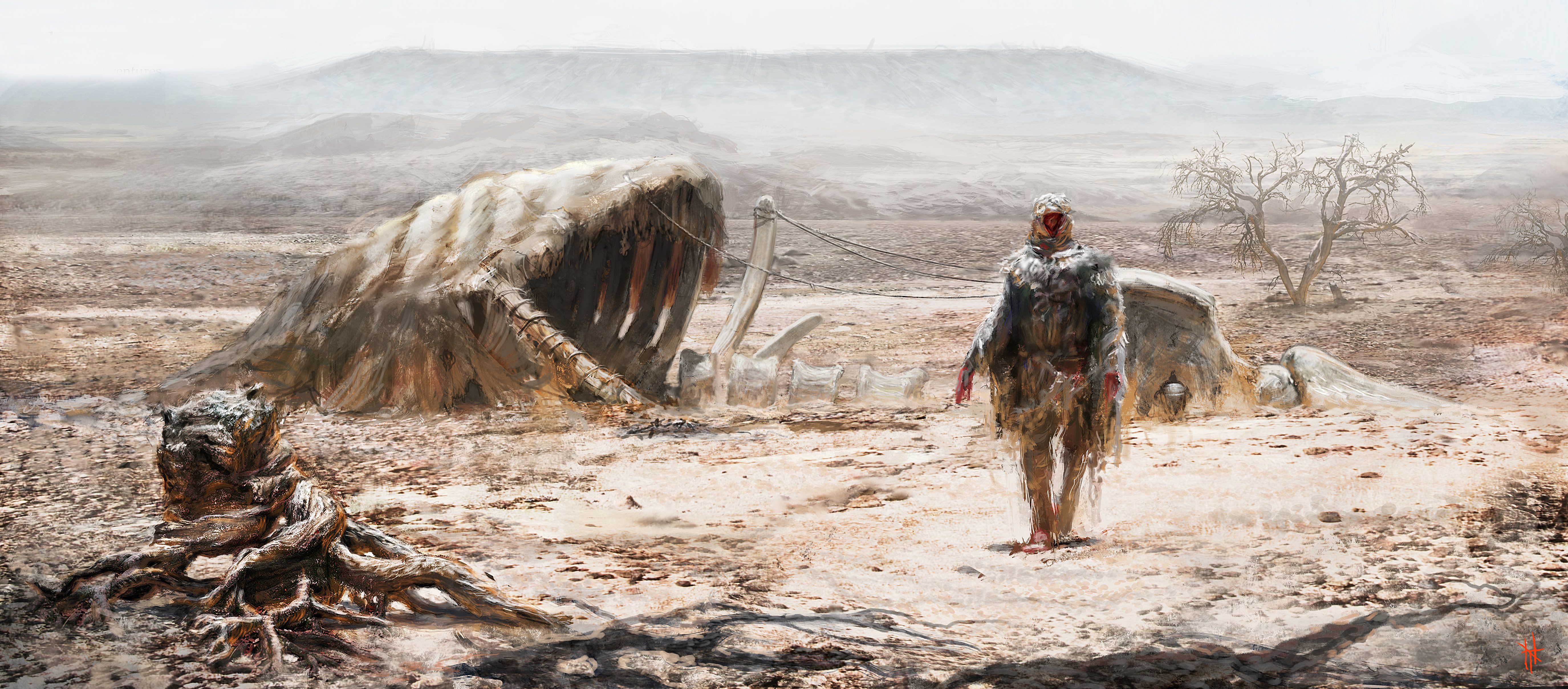 A lone figure walks past a giant skeleton in a desert HD Wallpaper