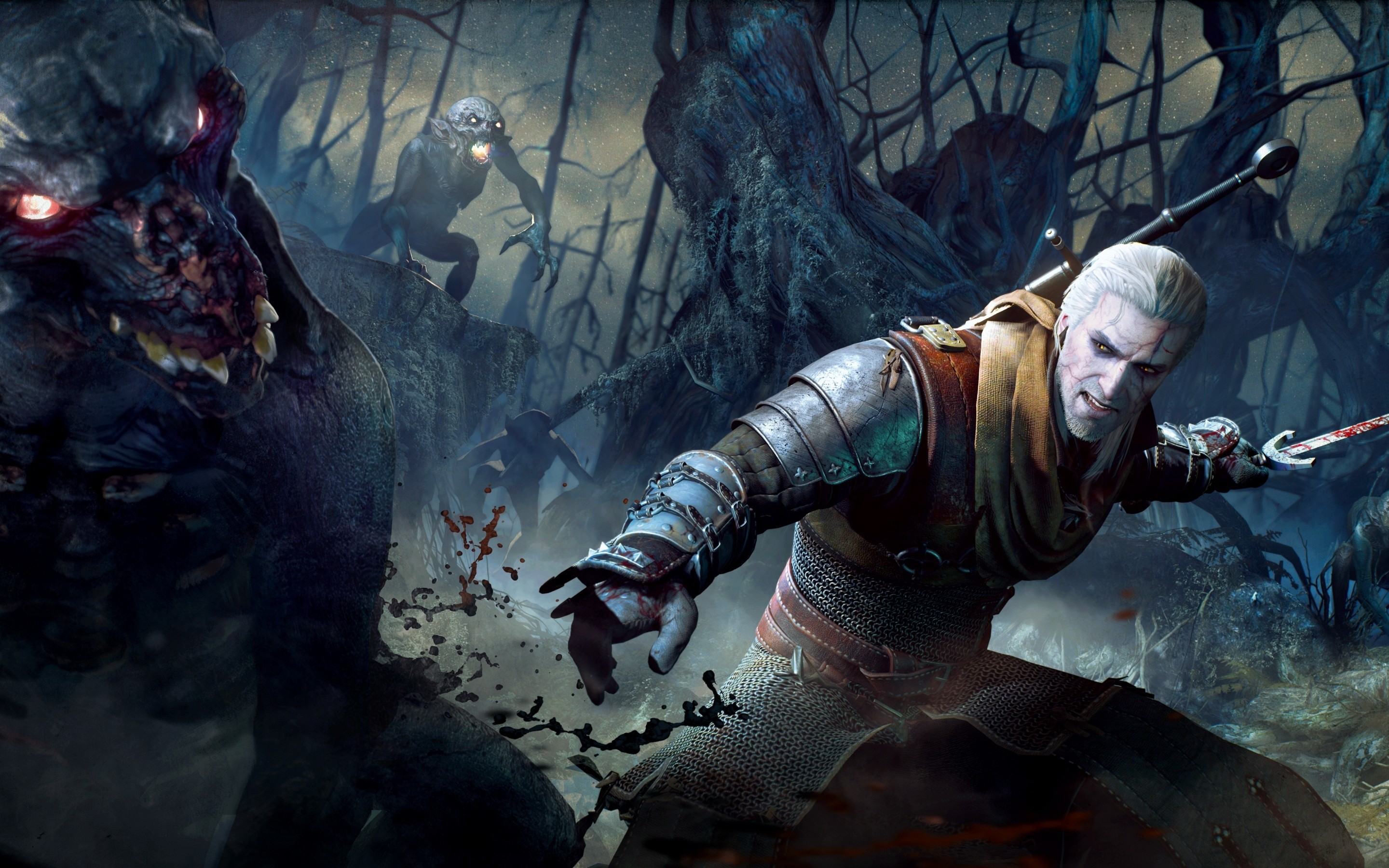 Geralt of Rivia fighting monsters in The Witcher 3 HD Wallpaper