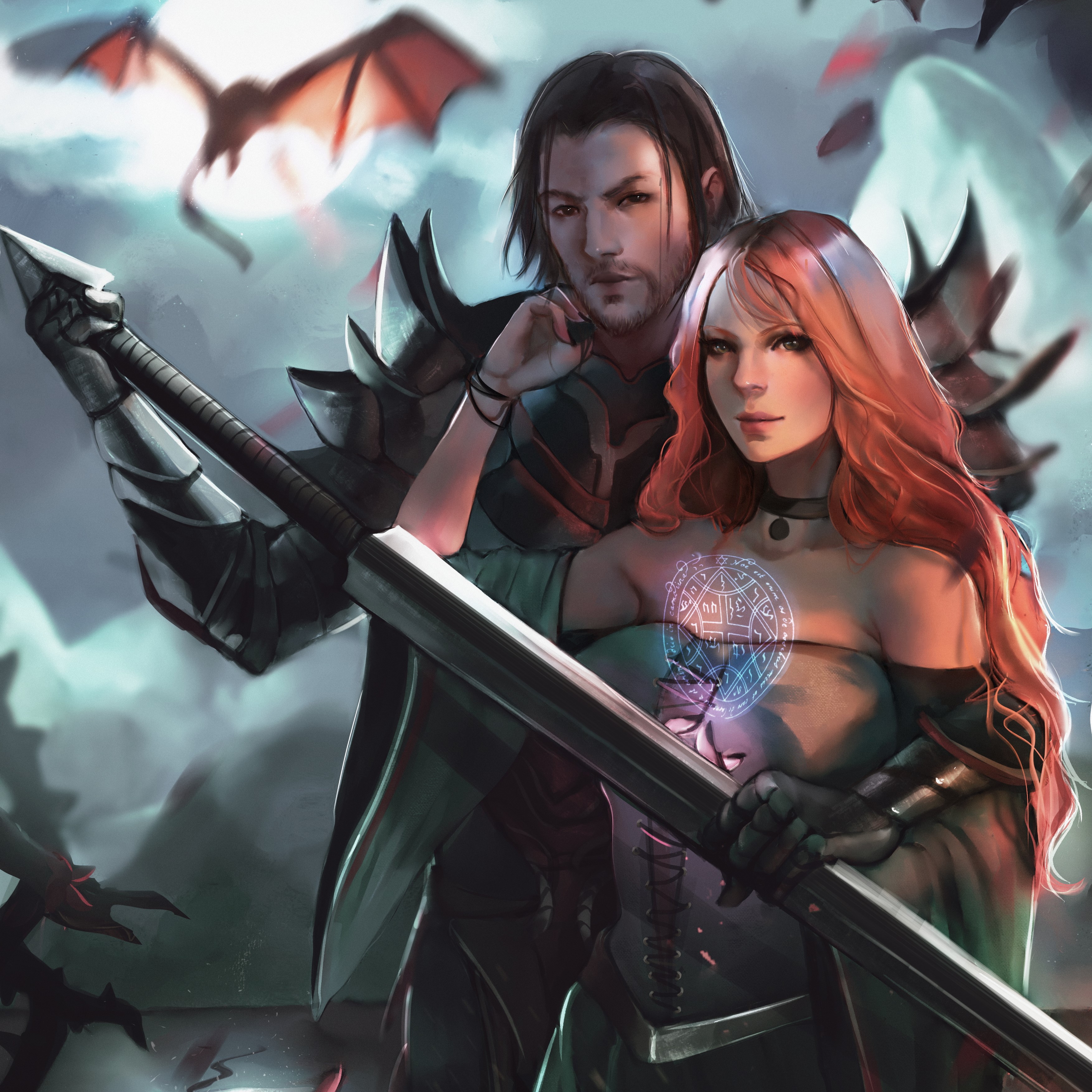 Man and redhead woman with sword and dragons HD Wallpaper