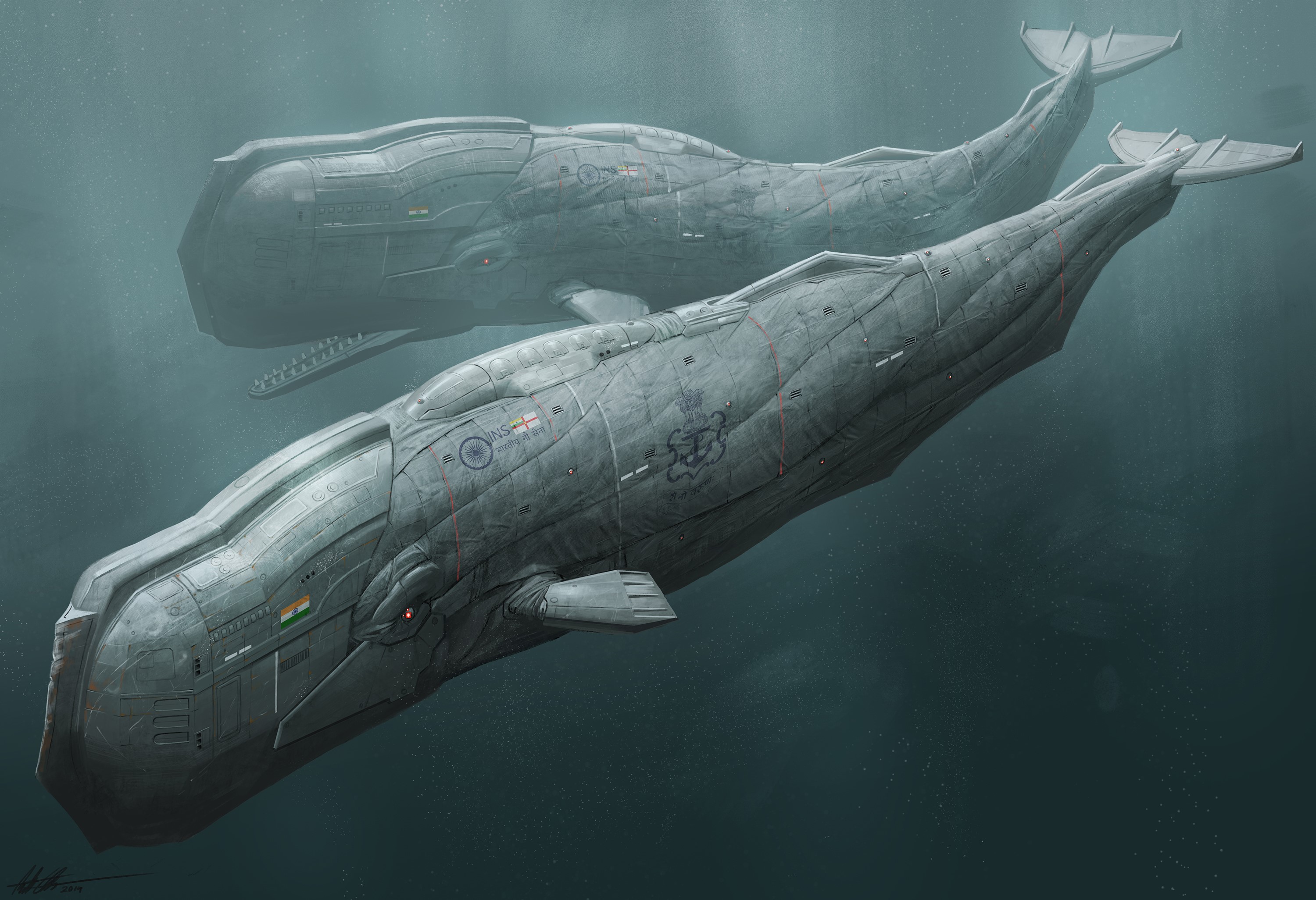 Two mechanical sperm whales underwater HD Wallpaper