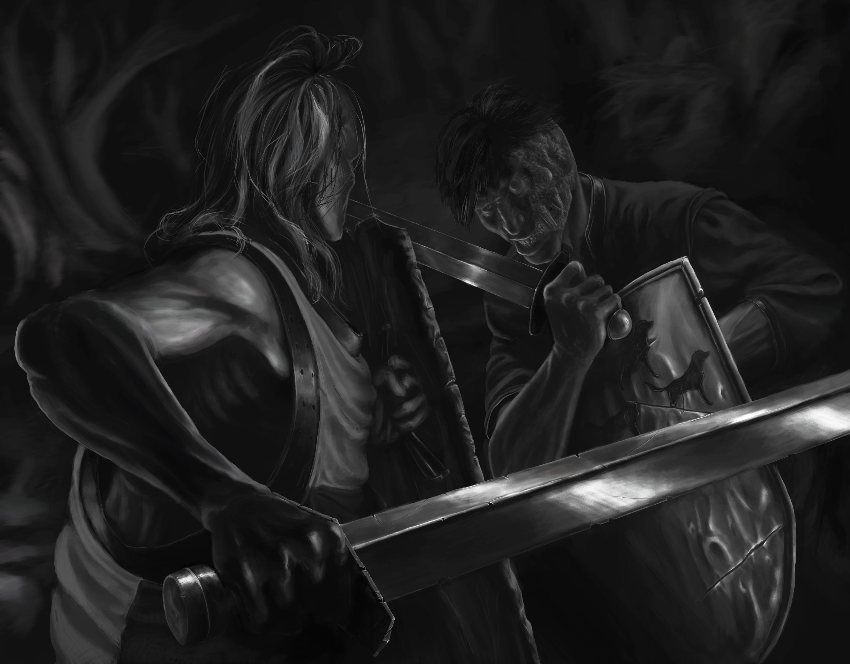 Two warriors with swords and shields fighting HD Wallpaper