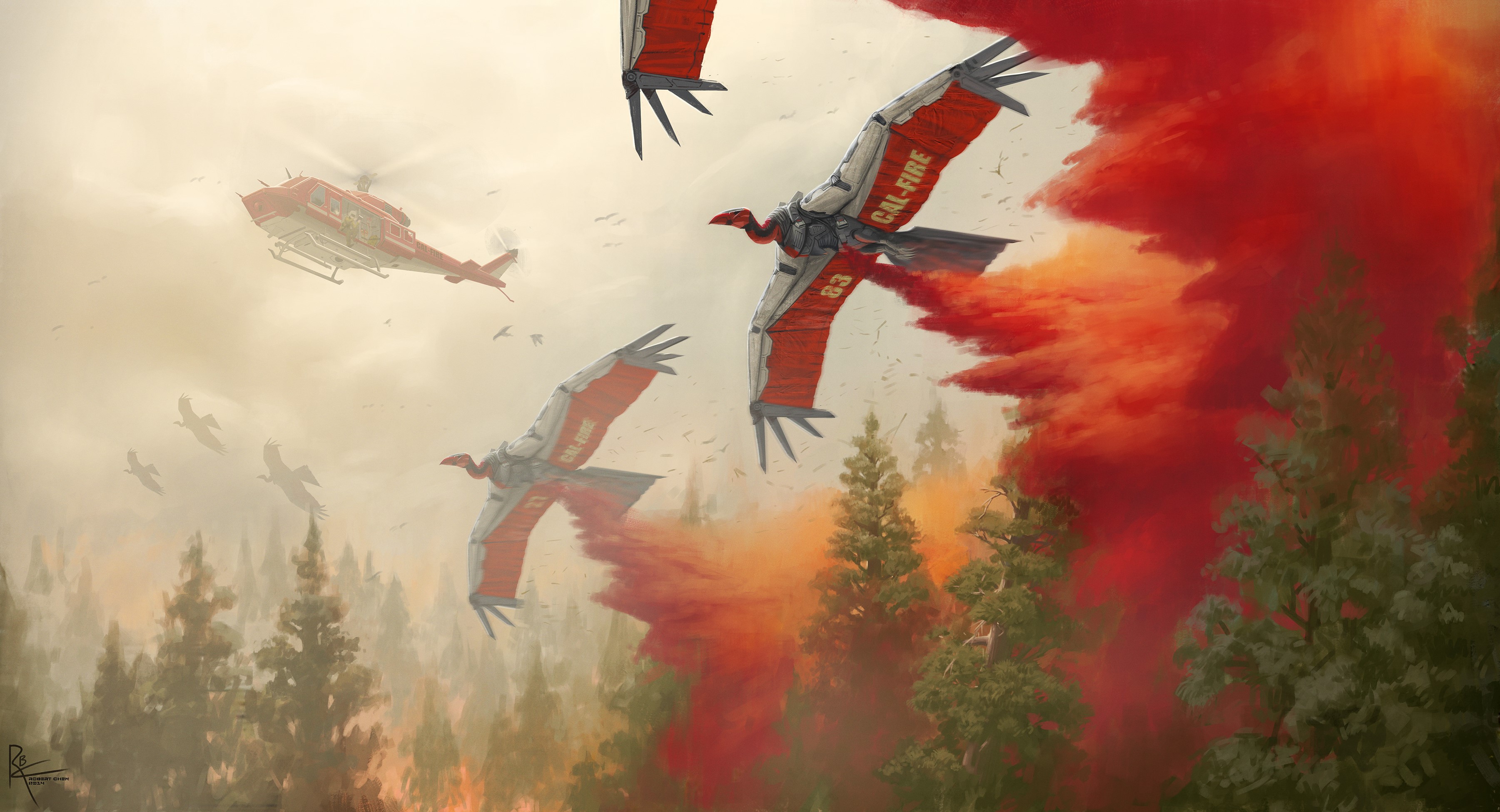 CAL-FIRE helicopters and robotic birds fighting wildfire HD Wallpaper