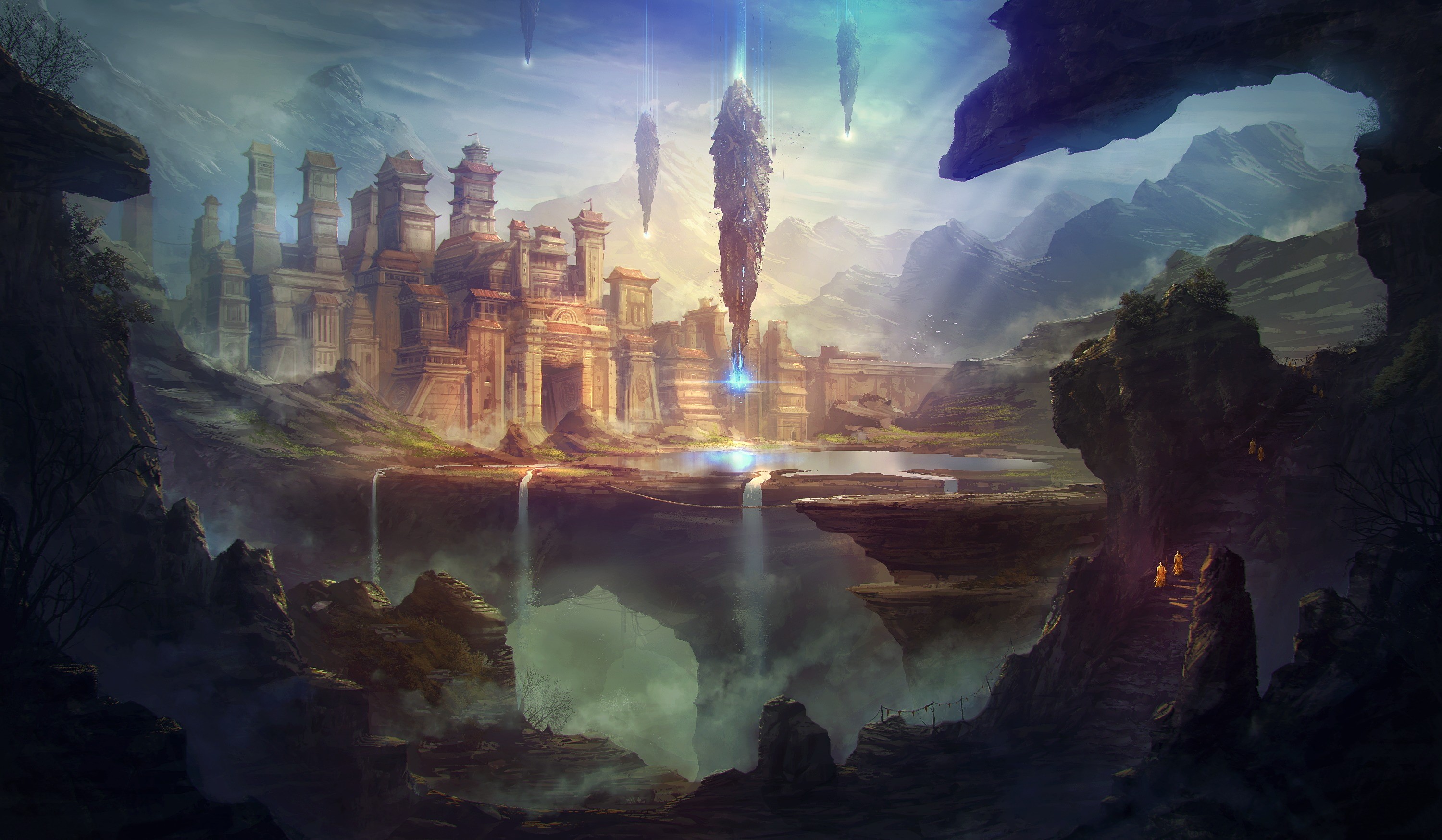 Floating islands with ancient city and waterfalls HD Wallpaper