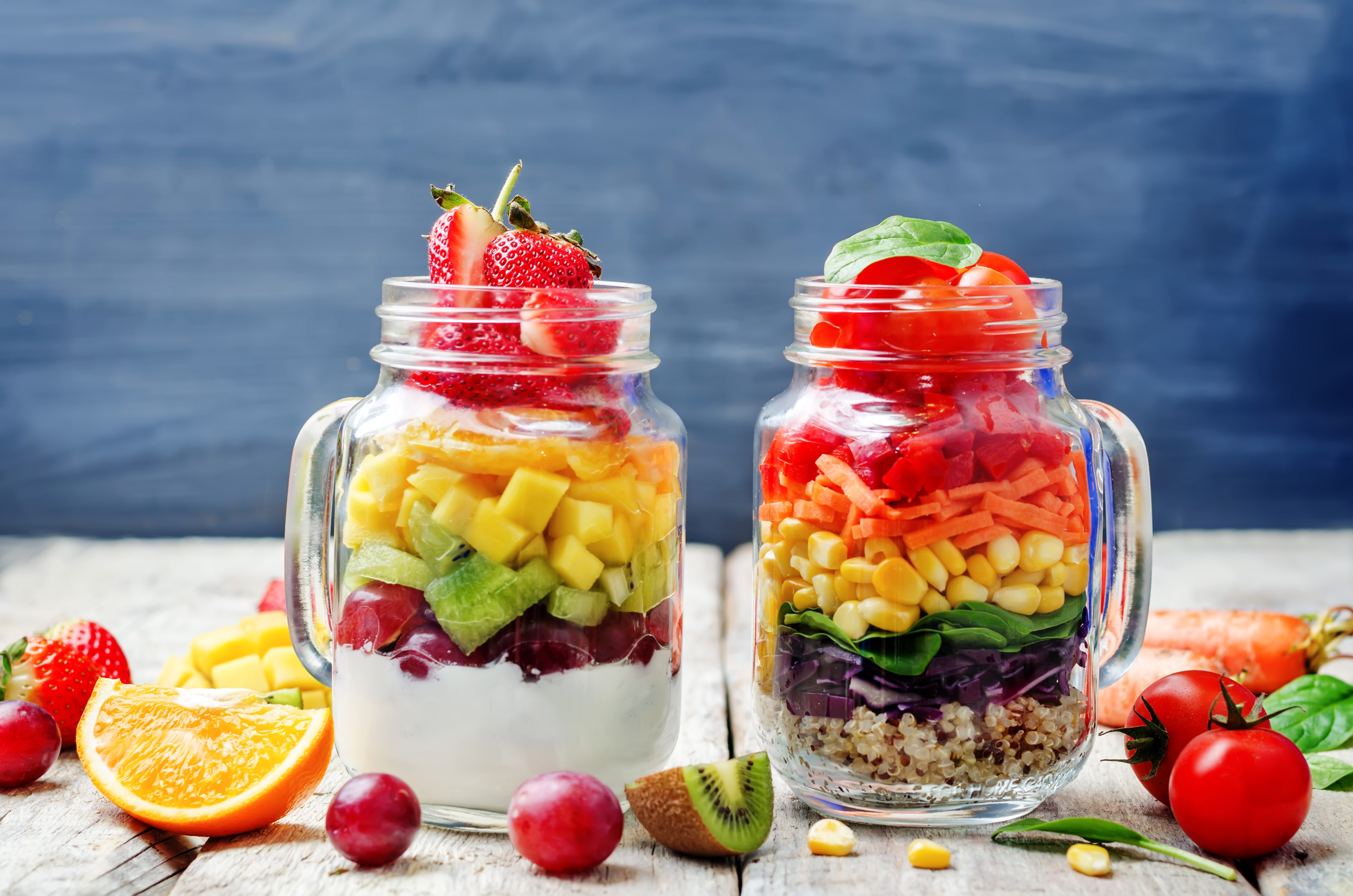 Fruit and Vegetable Jars with Strawberries and Tomatoes HD Wallpaper