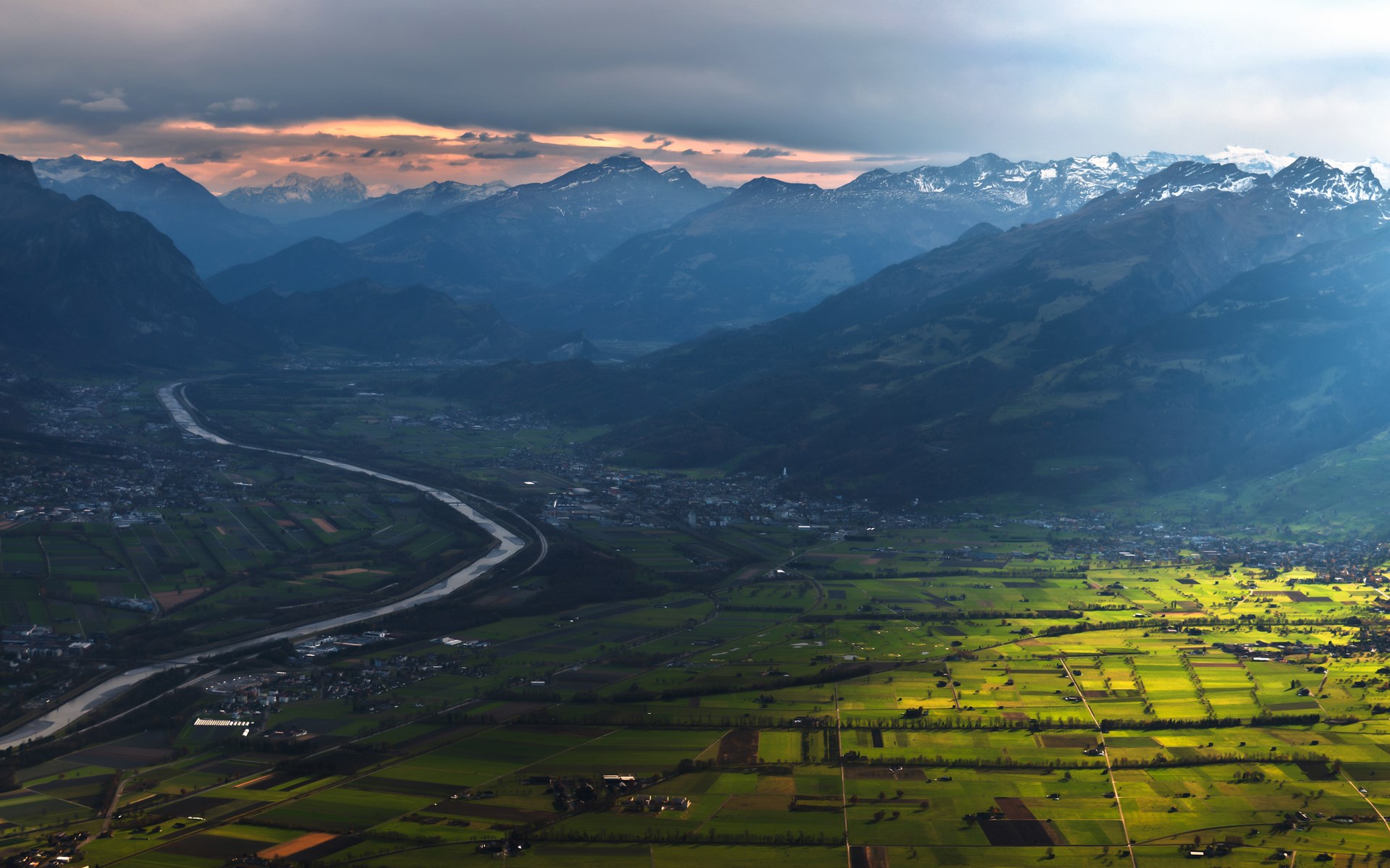 Valley with river and mountains at sunset HD Wallpaper