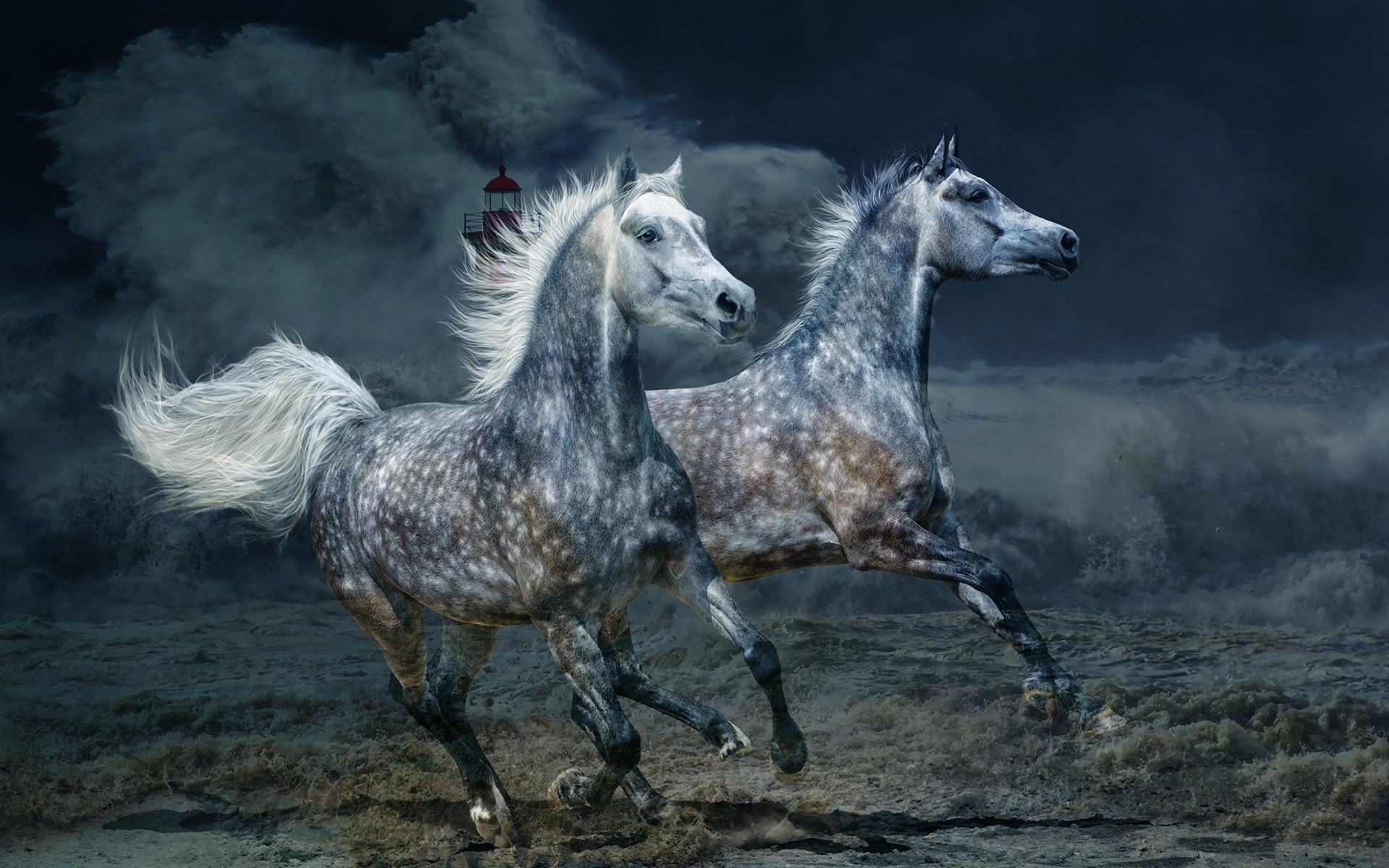 Two horses running in a stormy sea with a lighthouse HD Wallpaper