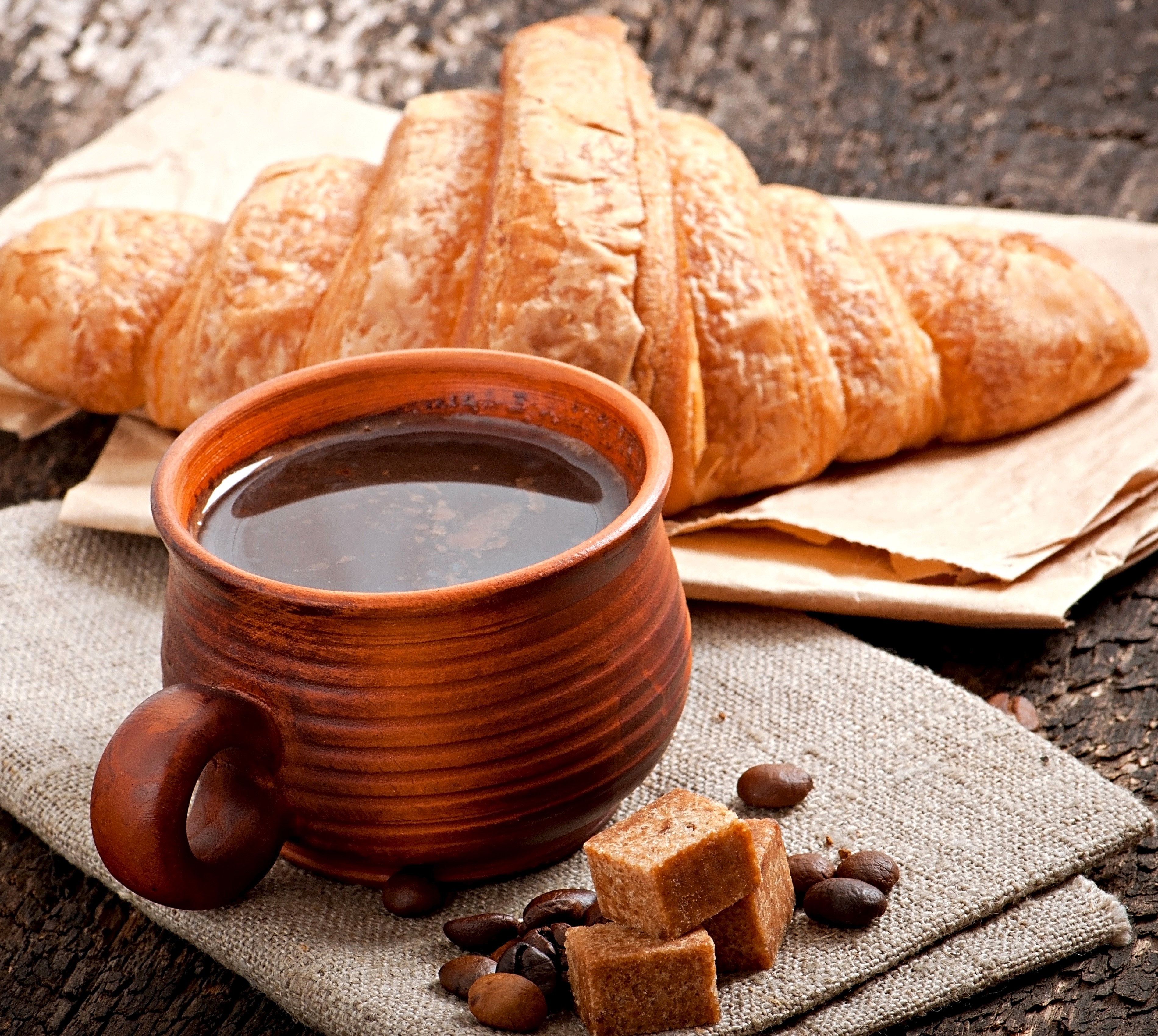 Coffee and Croissant on a Rustic Table HD Wallpaper
