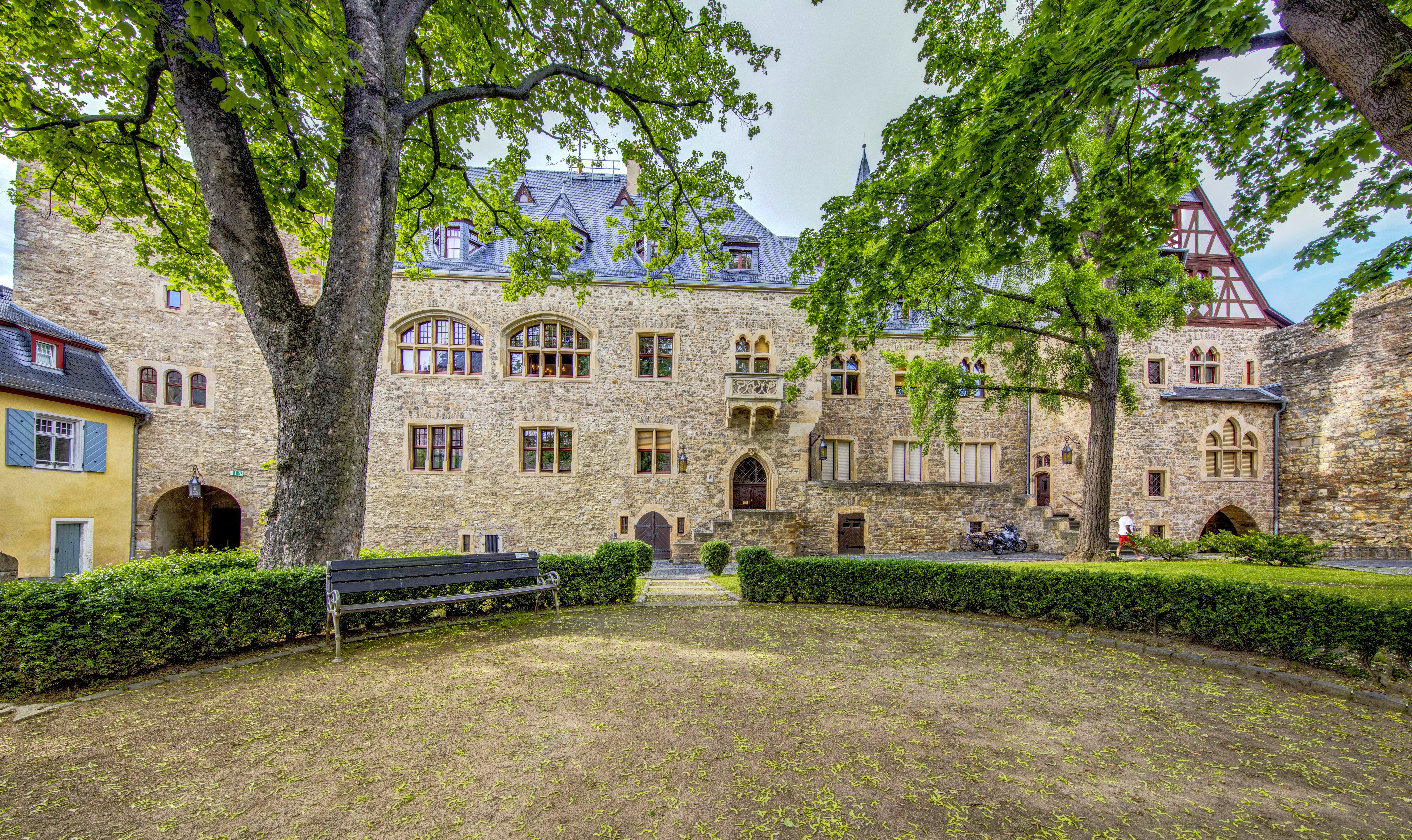 Burg Alzey Castle in Germany with trees and bench HD Wallpaper