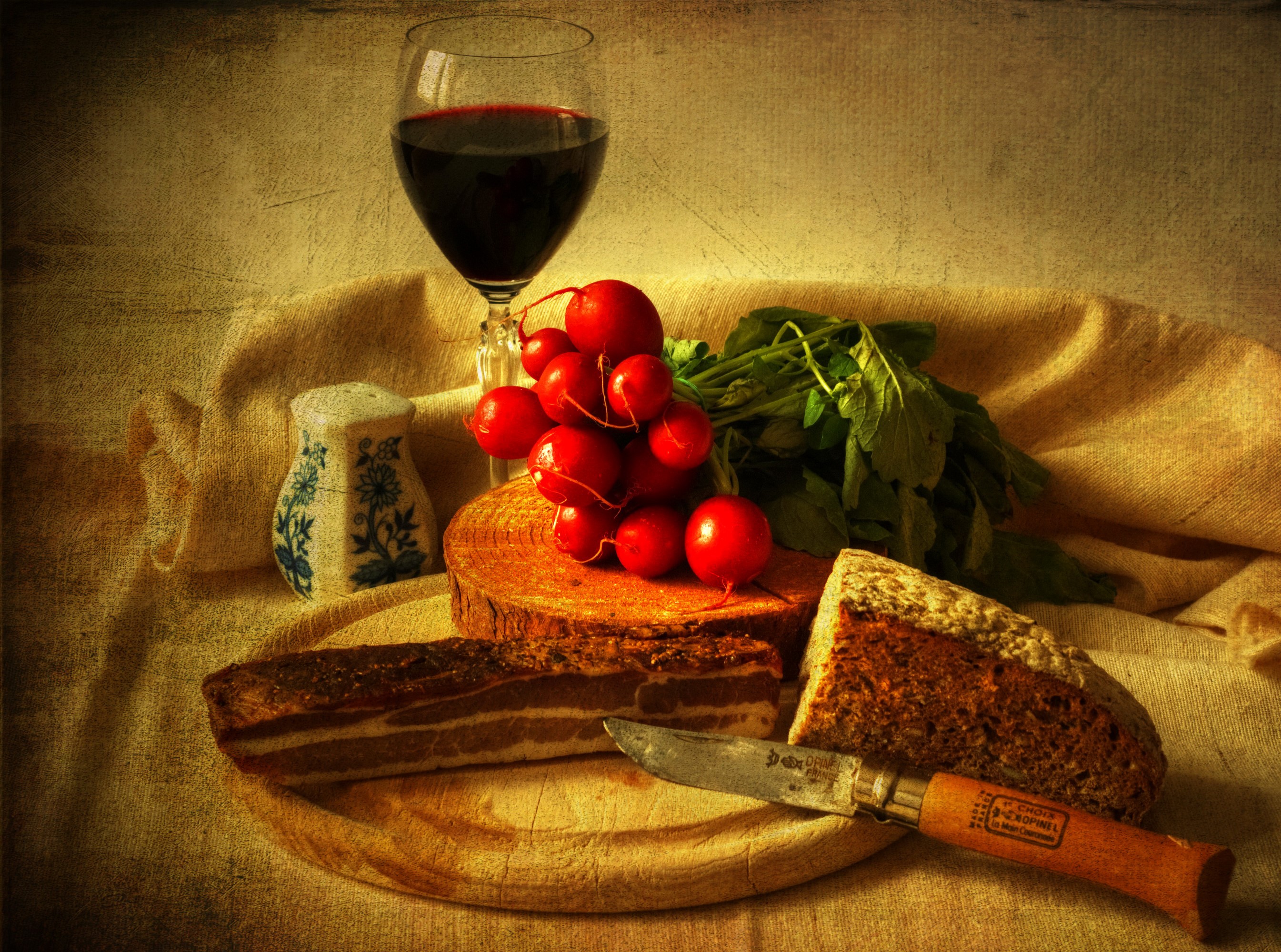 Still life with wine, radishes, bread, and ham HD Wallpaper