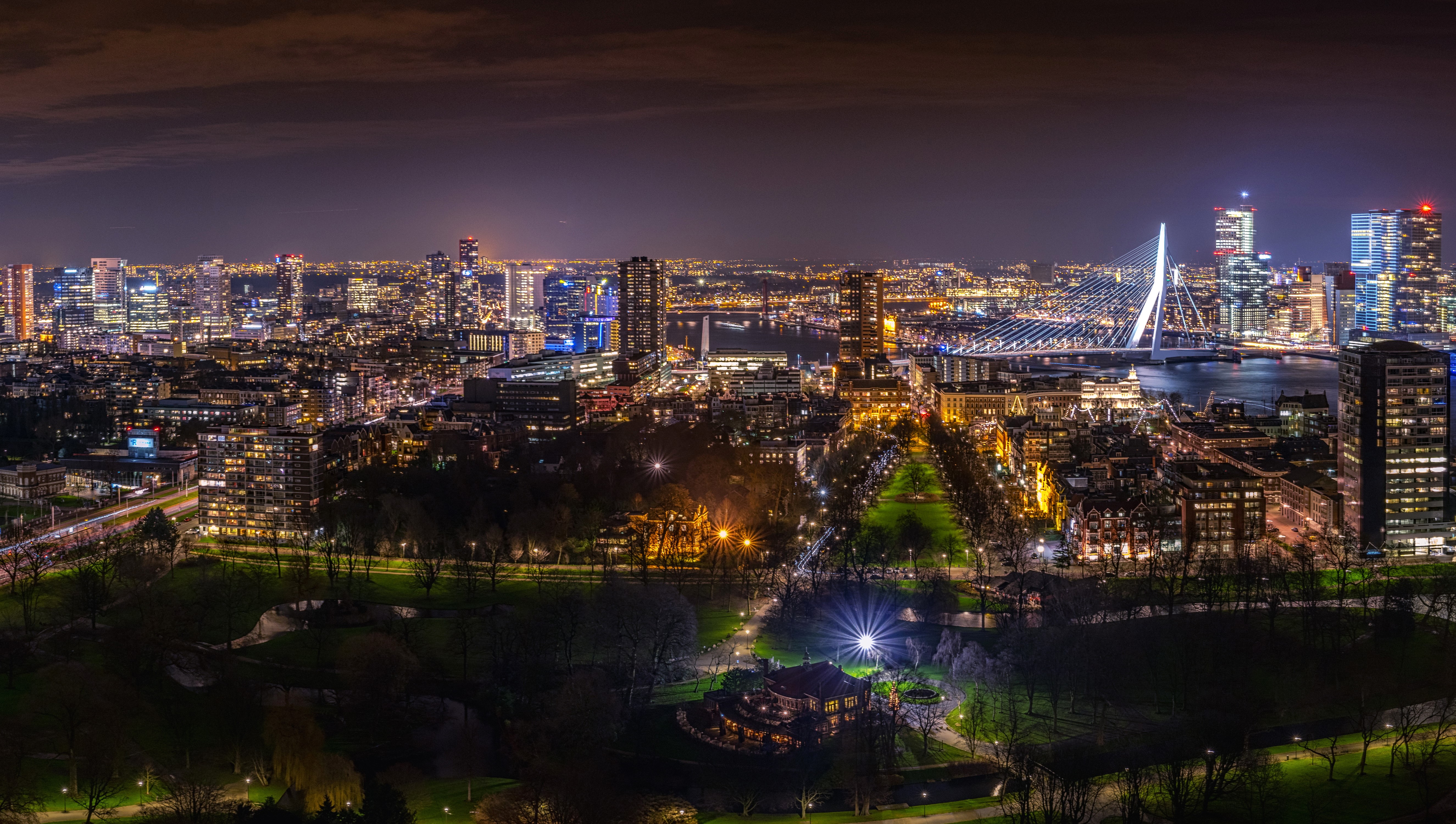 Rotterdam cityscape at night with Erasmus Bridge HD Wallpaper