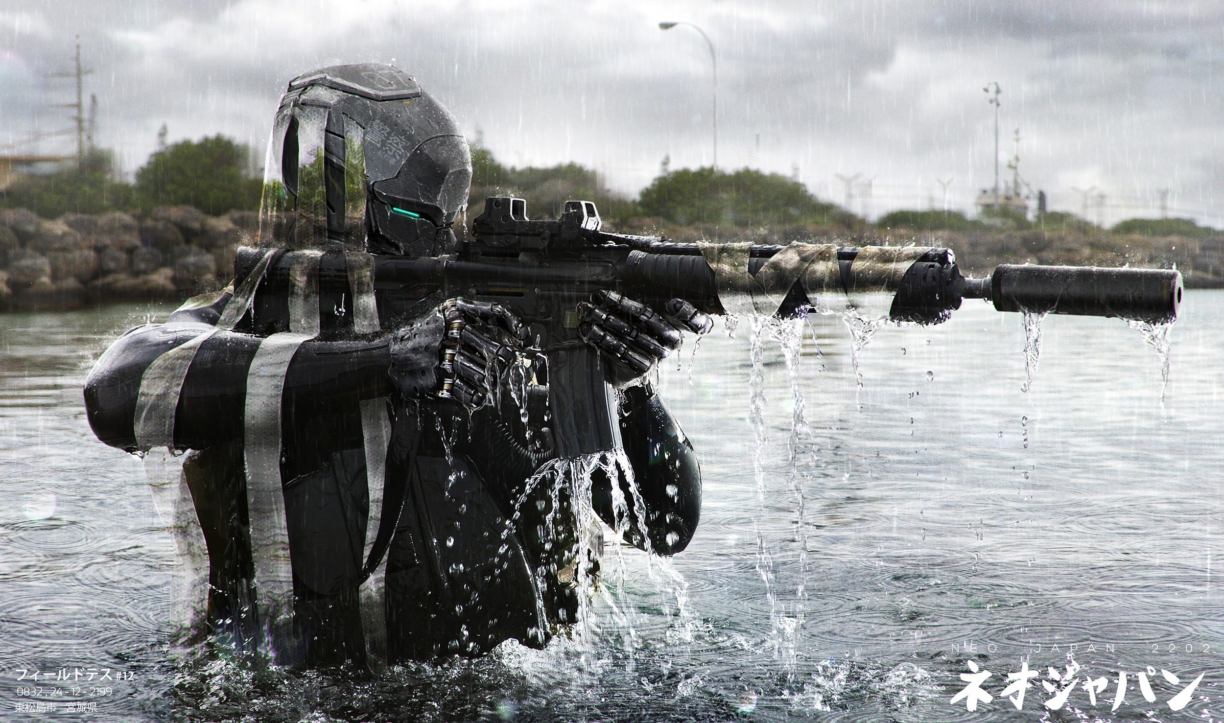 Soldier in Nano-Suit with Assault Rifle in Water HD Wallpaper
