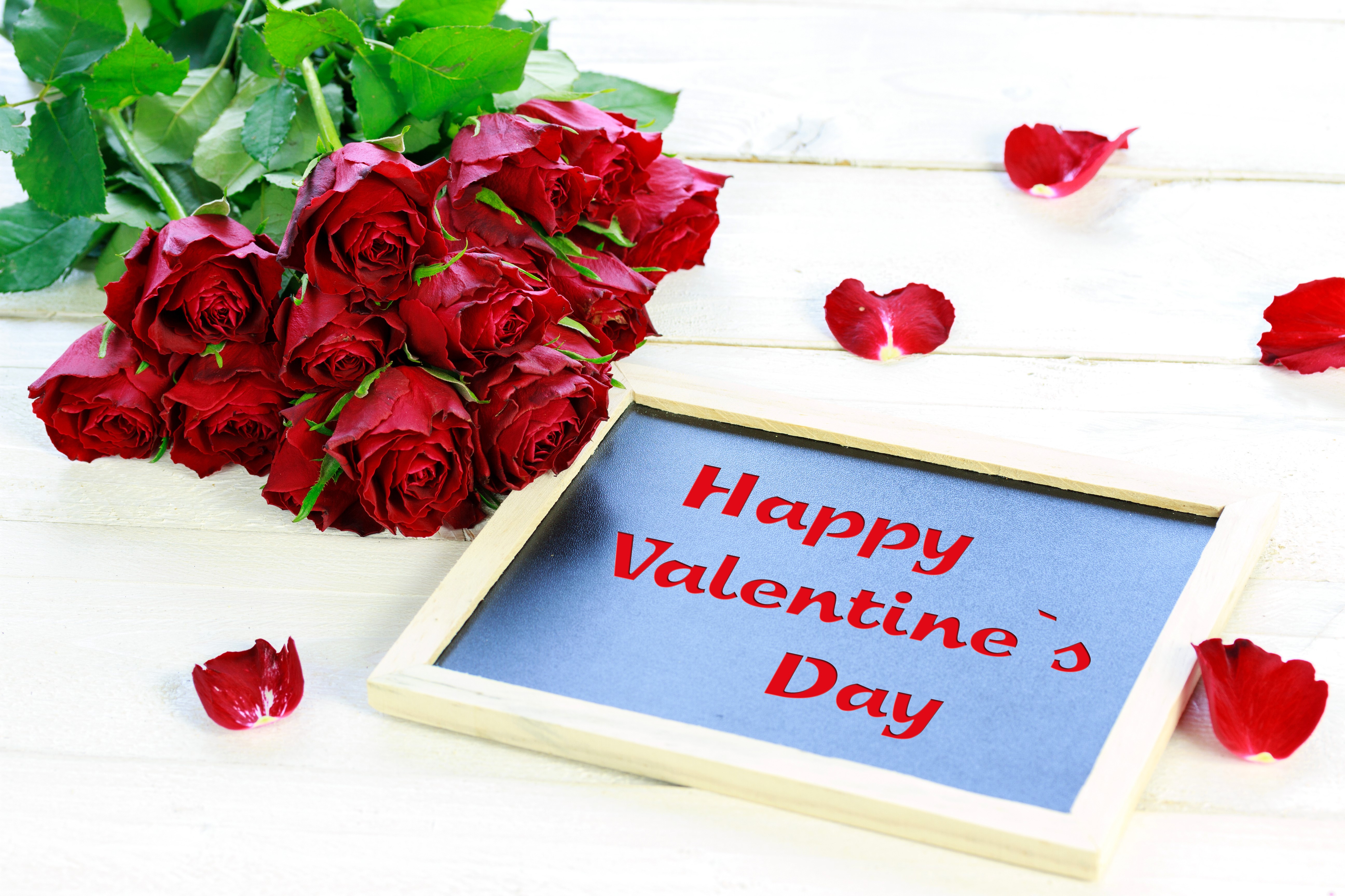 Roses and "Happy Valentine's Day" on a chalkboard HD Wallpaper