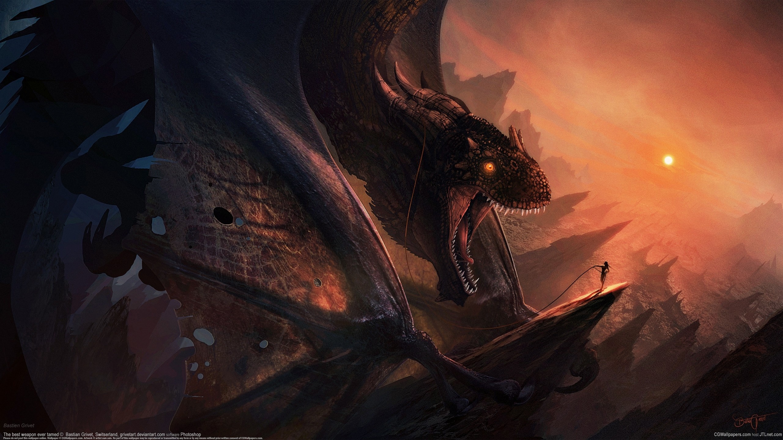 Dragon in a rocky landscape at sunset HD Wallpaper