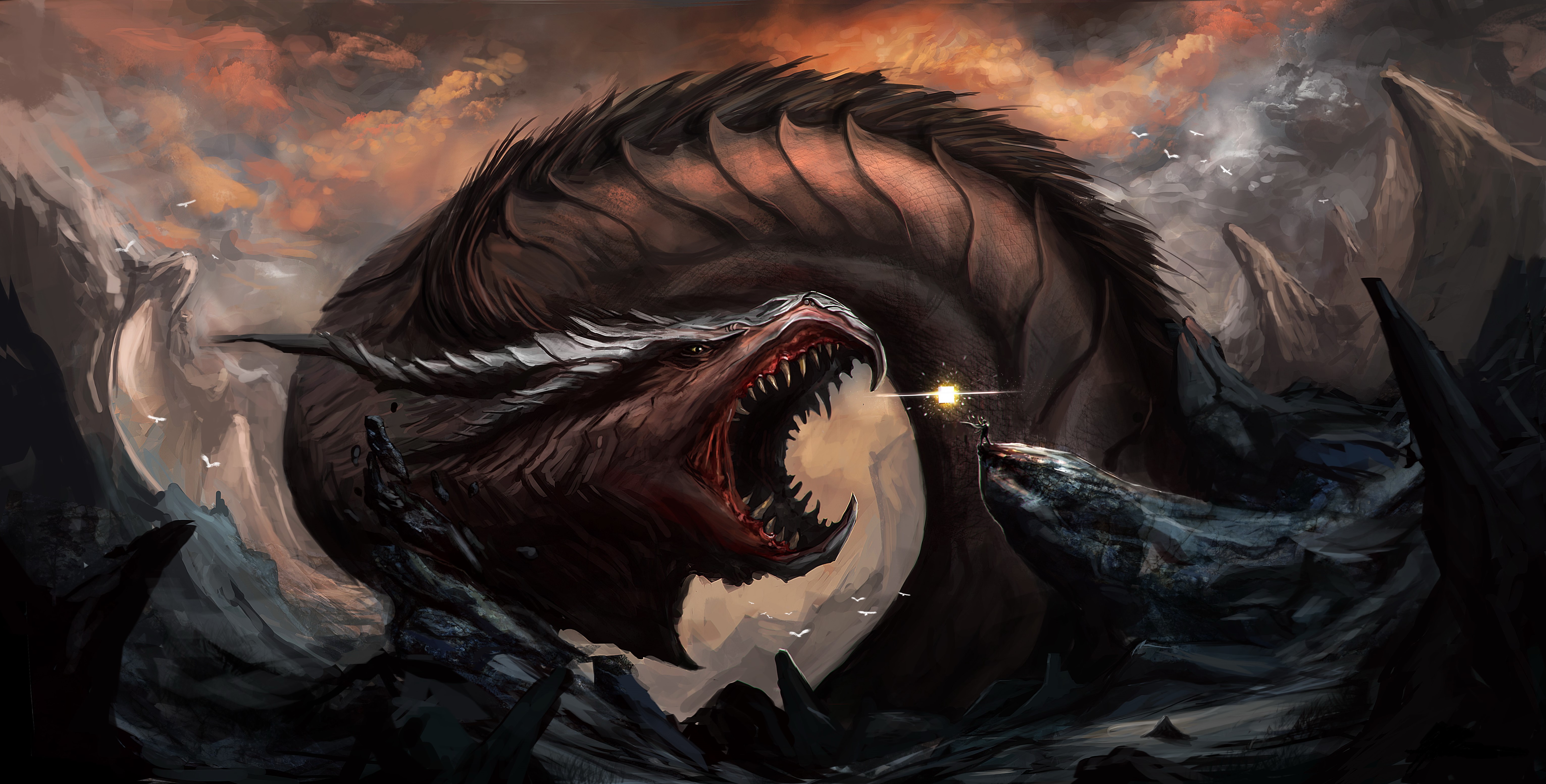 Dragon in a rocky, mountainous landscape HD Wallpaper