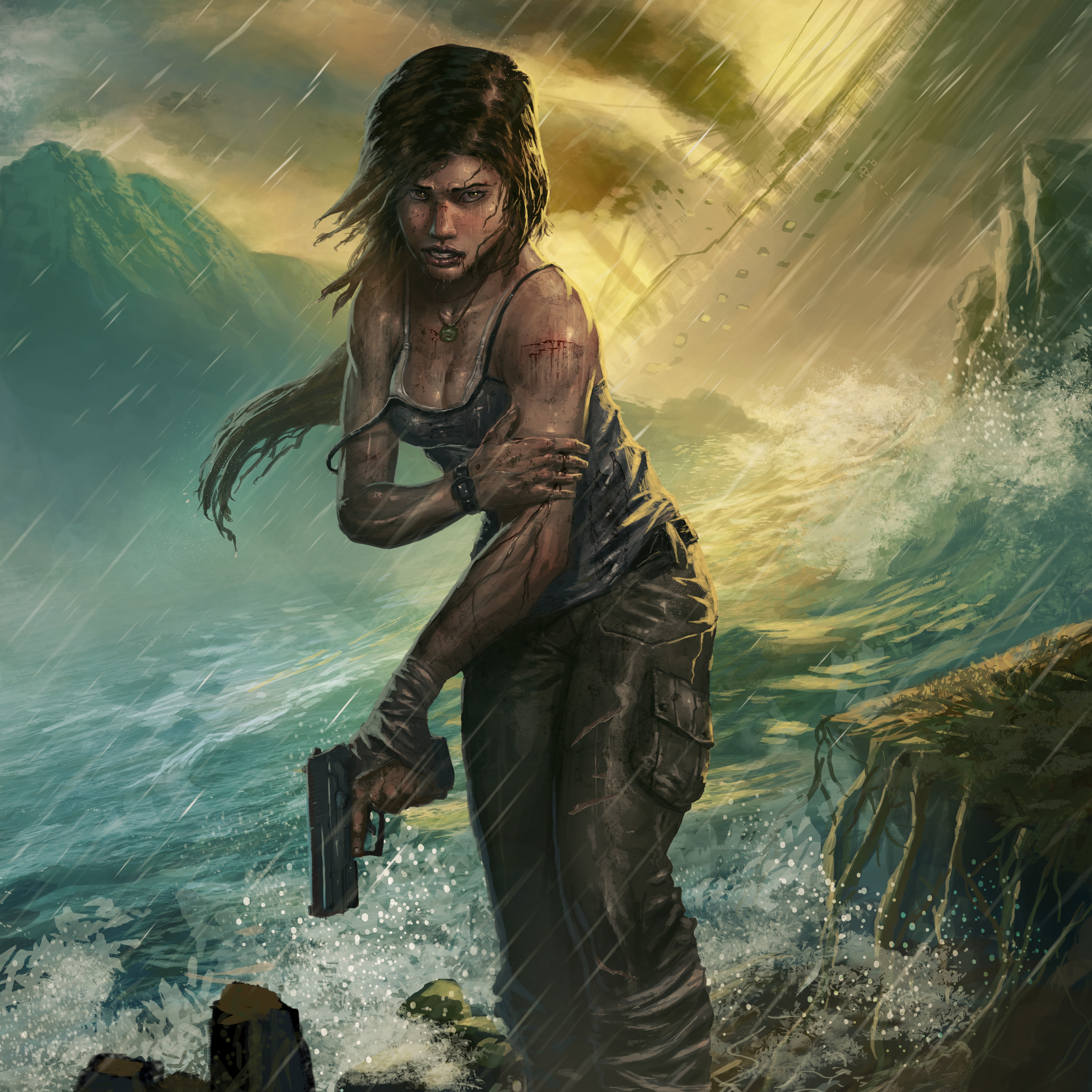 Lara Croft from Tomb Raider 2013 with Pistols HD Wallpaper