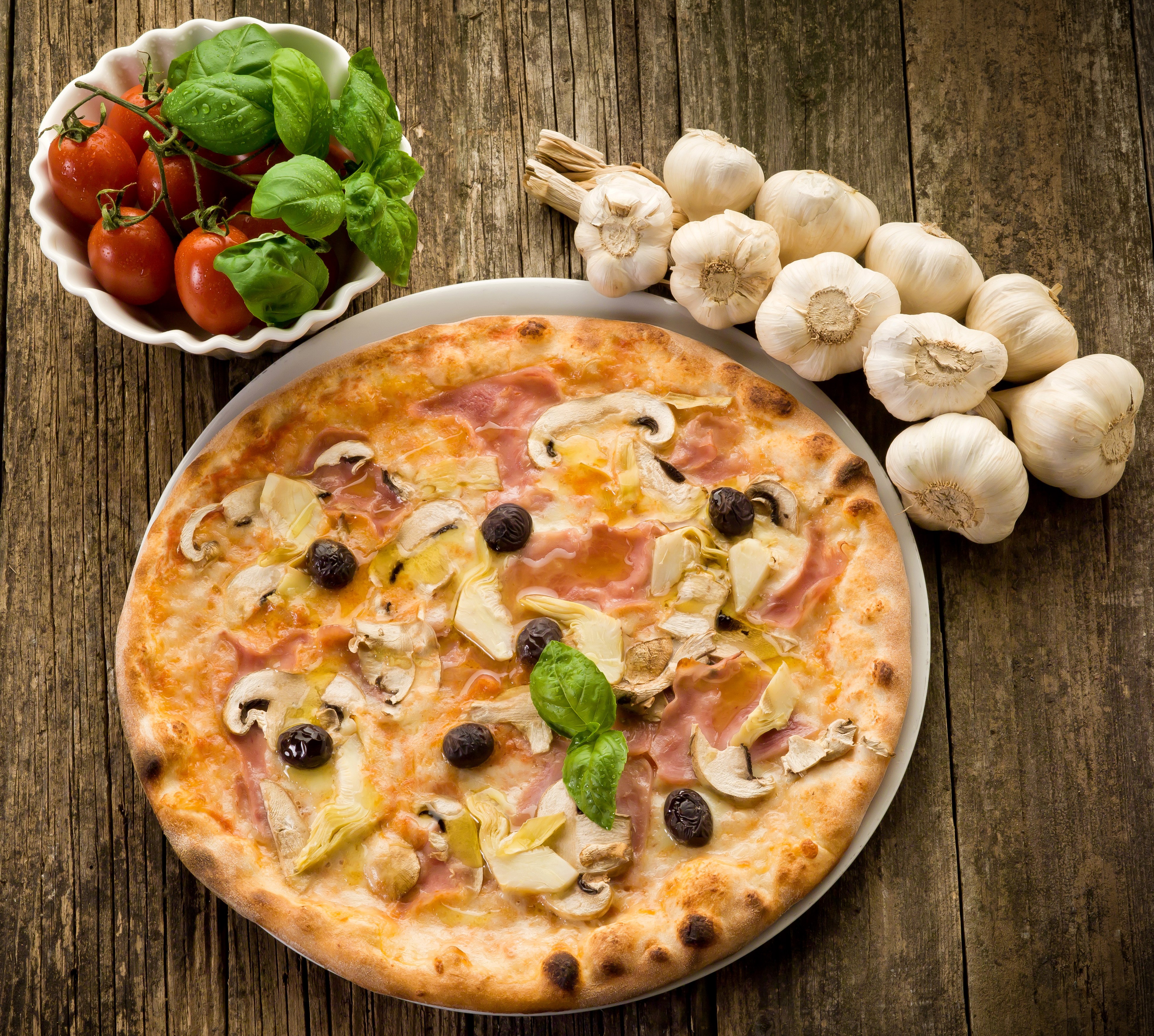 Pizza with Mushrooms, Artichokes, Olives, and Ham HD Wallpaper