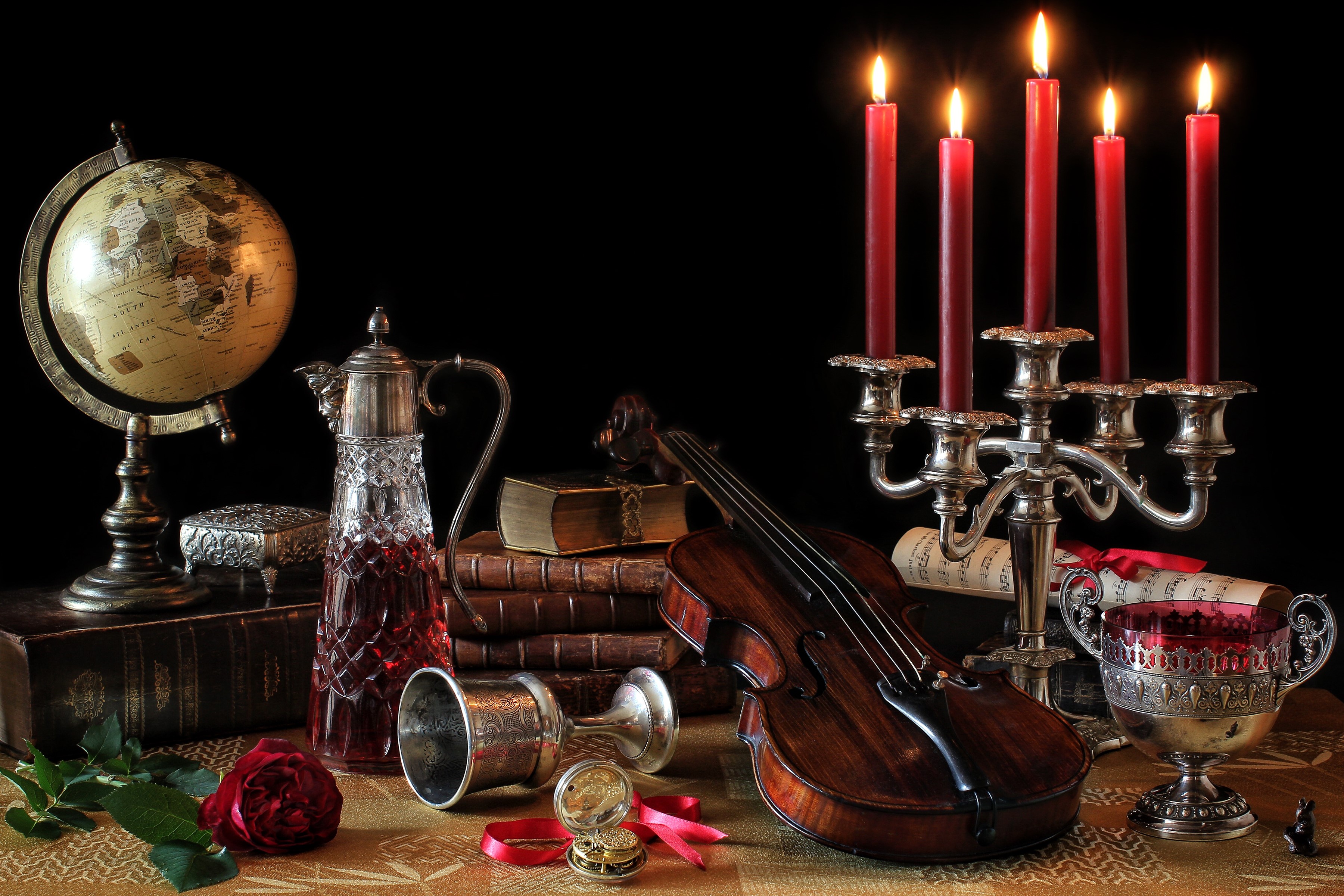 Still-life with candles, violin, wine, and roses HD Wallpaper